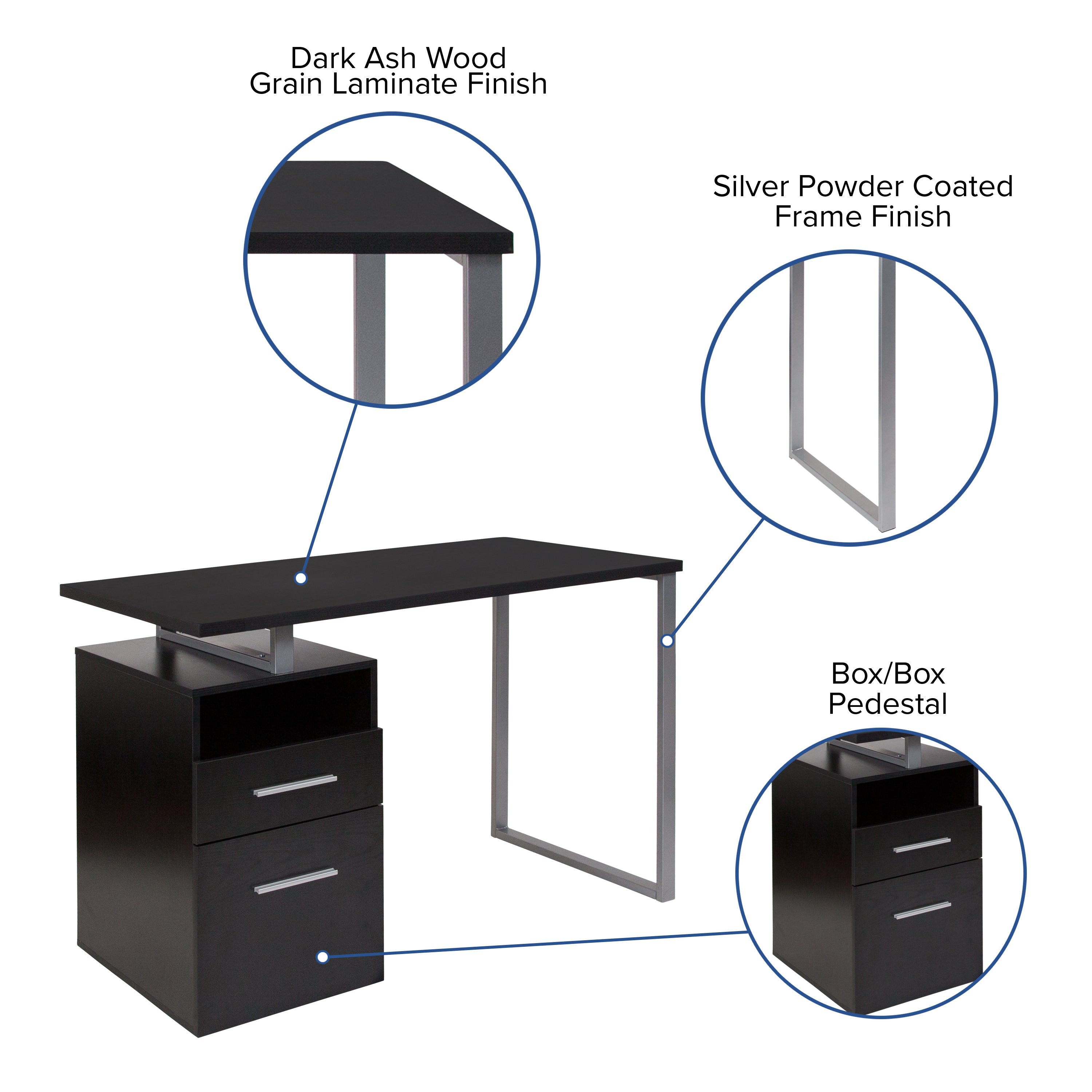 Harwood Dark Ash Wood Grain Finish Computer Desk with Two Drawers and Silver Metal Frame
