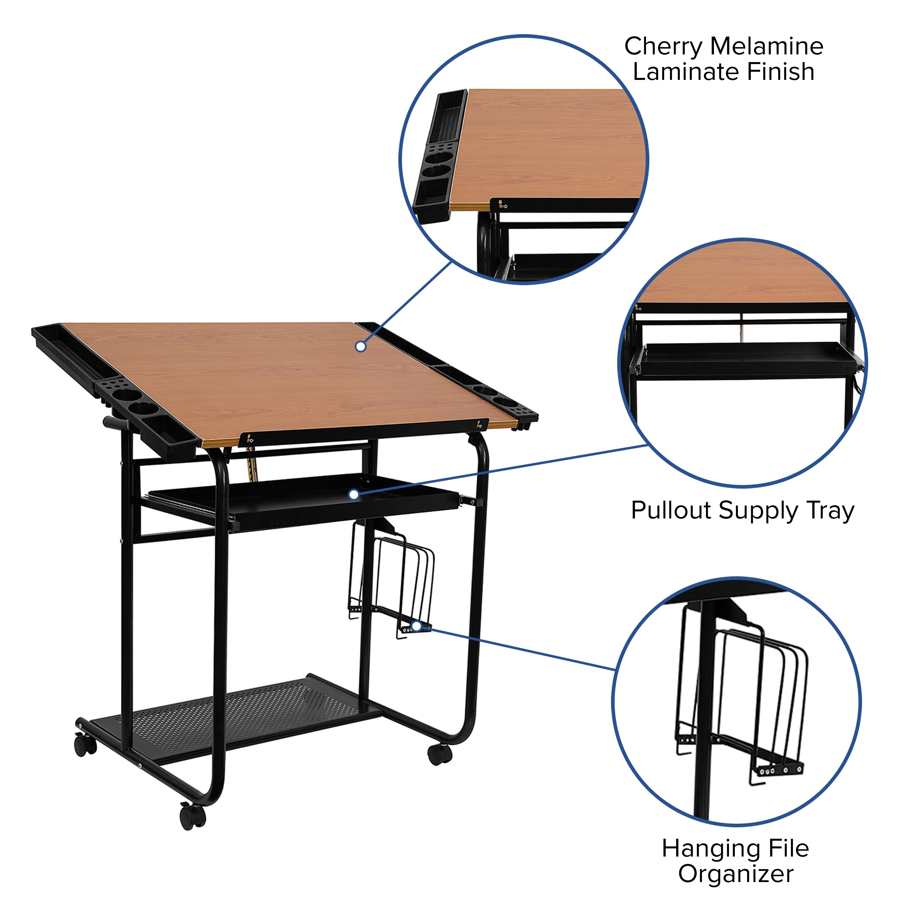 Swanson Adjustable Drawing and Drafting Table with Black Frame and Dual Wheel Casters