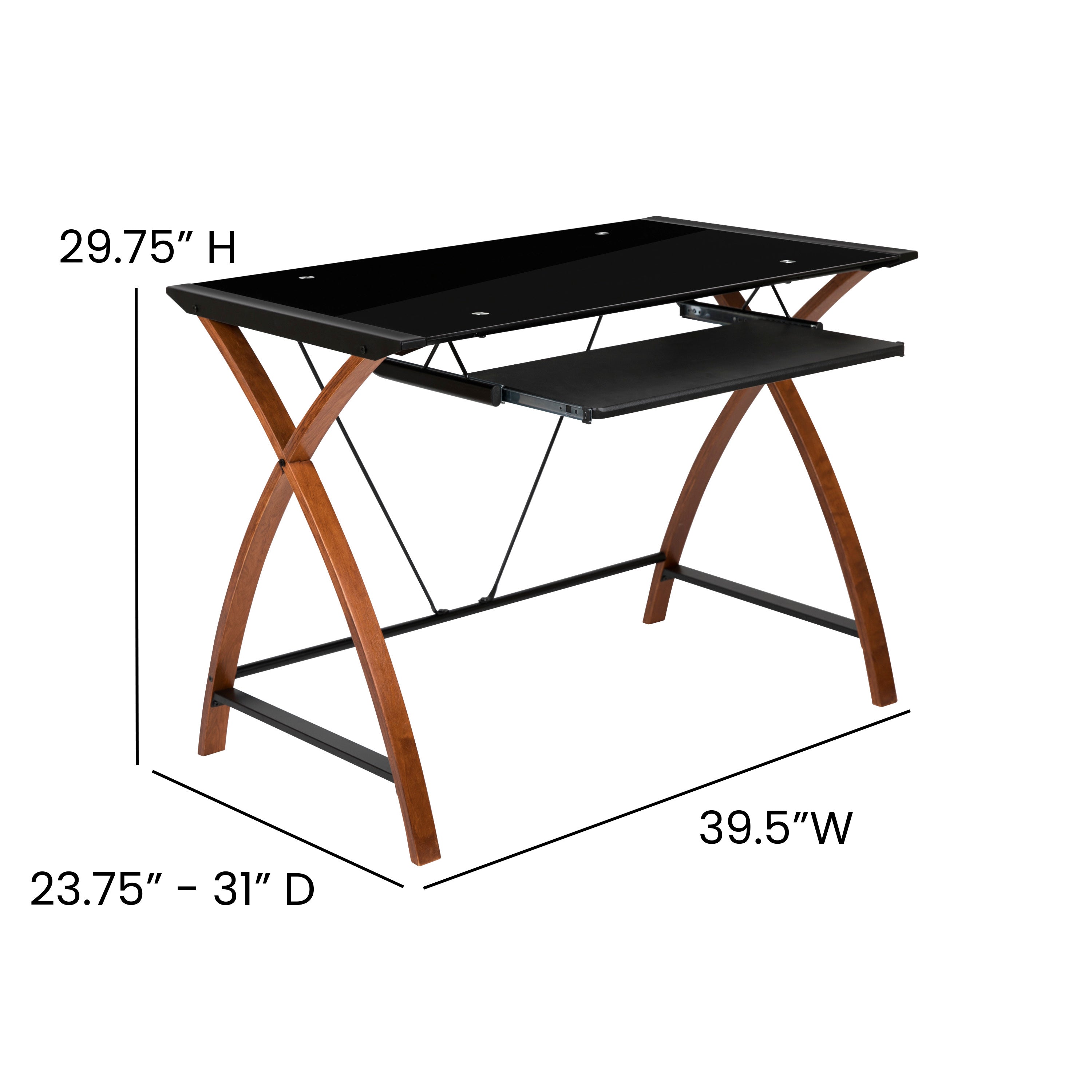 Jude Black Glass Computer Desk with Pull-Out Keyboard Tray and Crisscross Frame