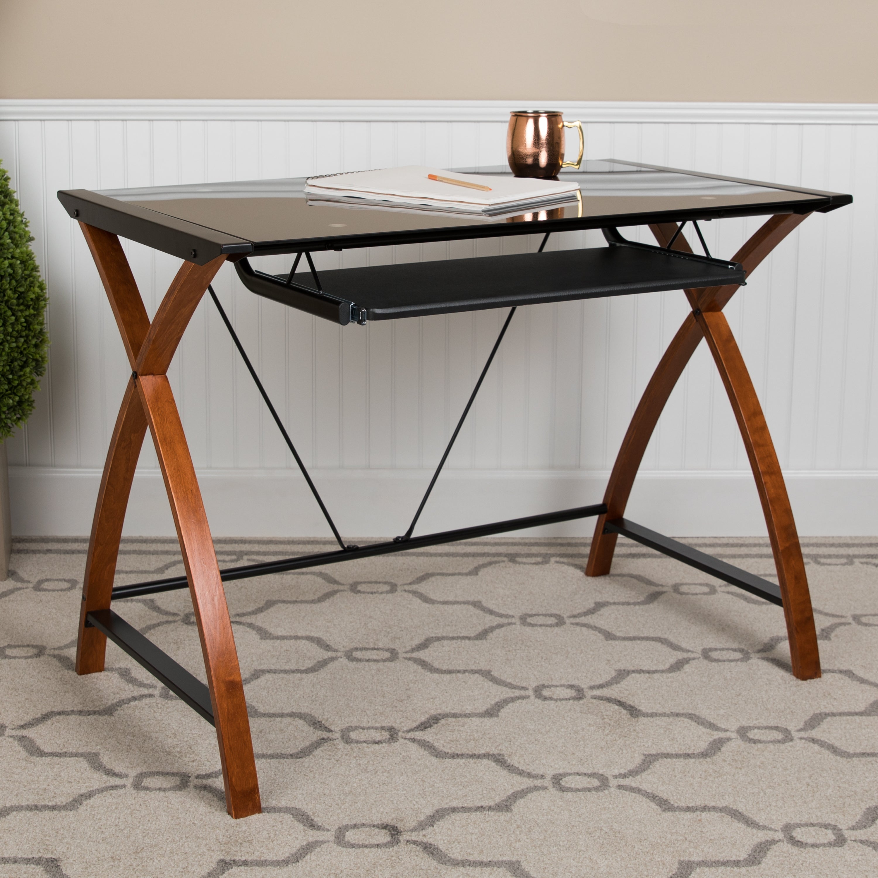 Jude Black Glass Computer Desk with Pull-Out Keyboard Tray and Crisscross Frame