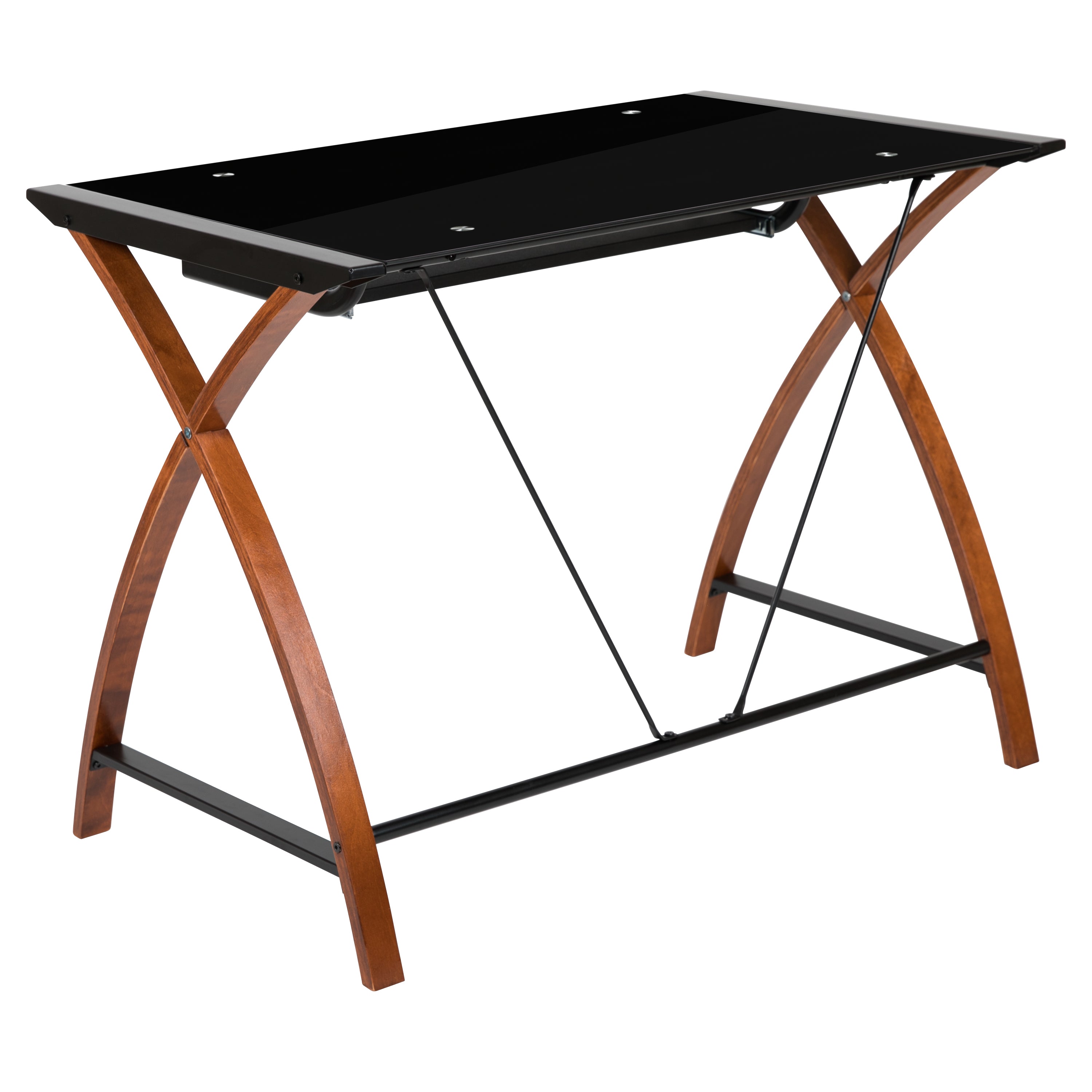 Jude Black Glass Computer Desk with Pull-Out Keyboard Tray and Crisscross Frame