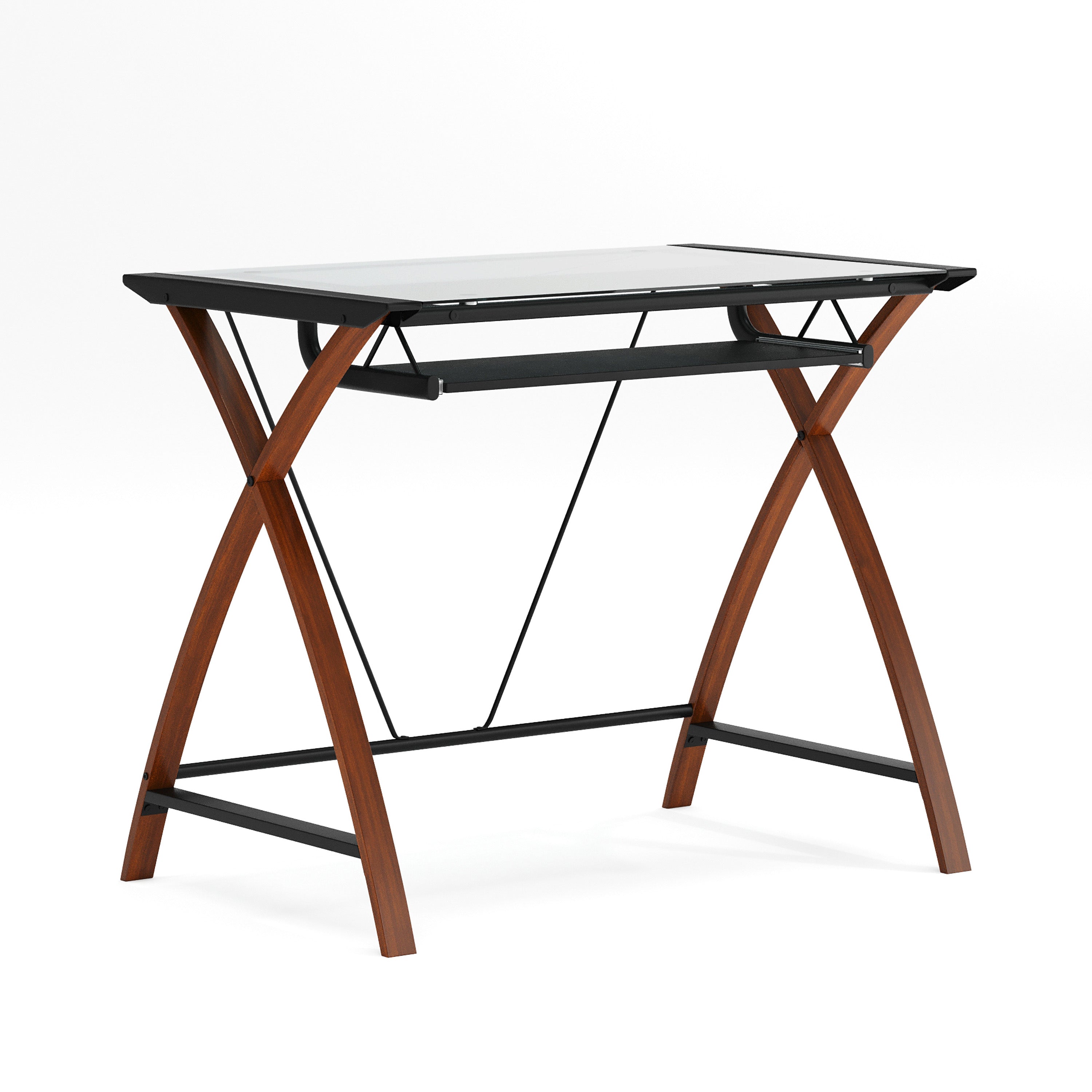 Jude Glass Computer Desk with Pull-Out Keyboard Tray and Crisscross Frame