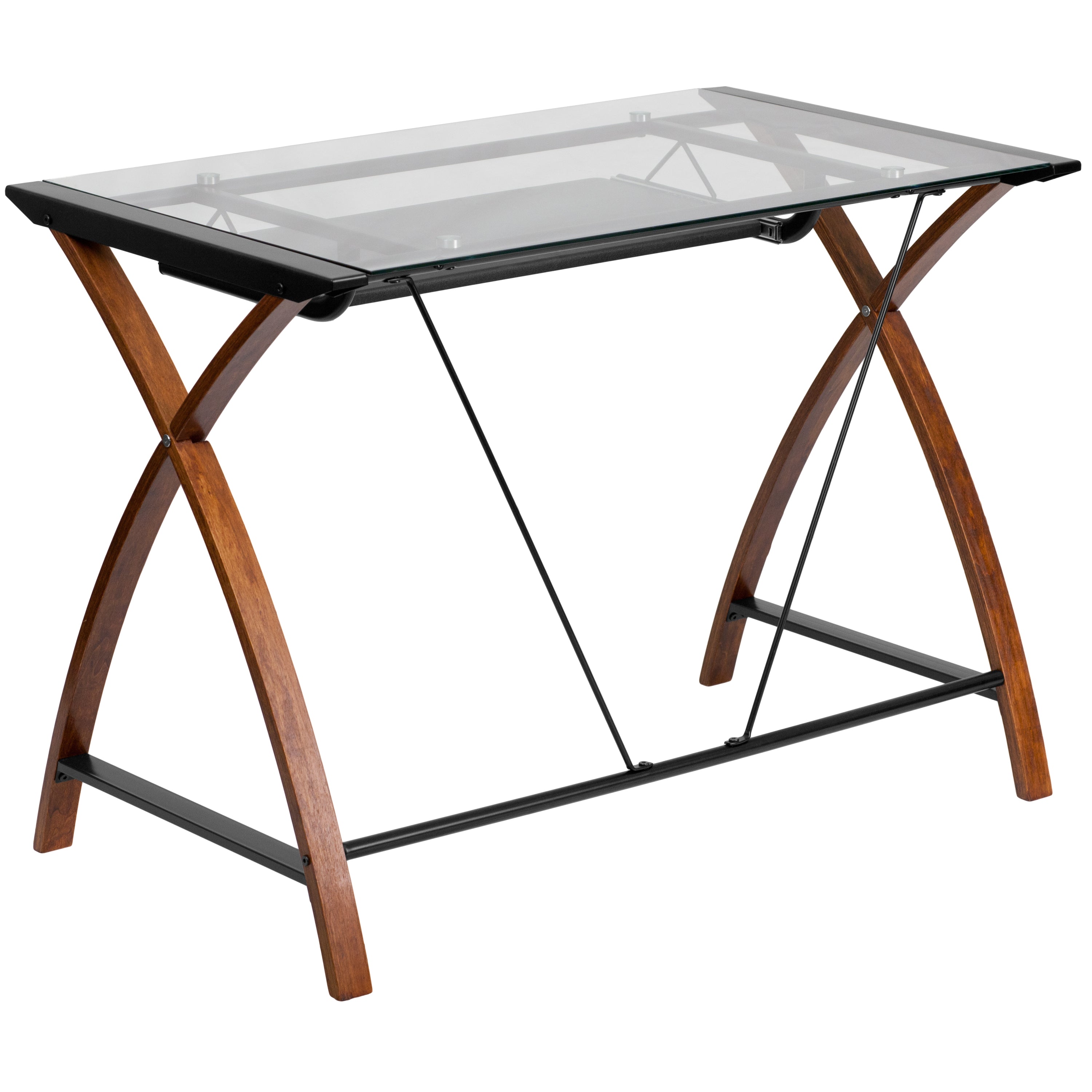 Jude Glass Computer Desk with Pull-Out Keyboard Tray and Crisscross Frame