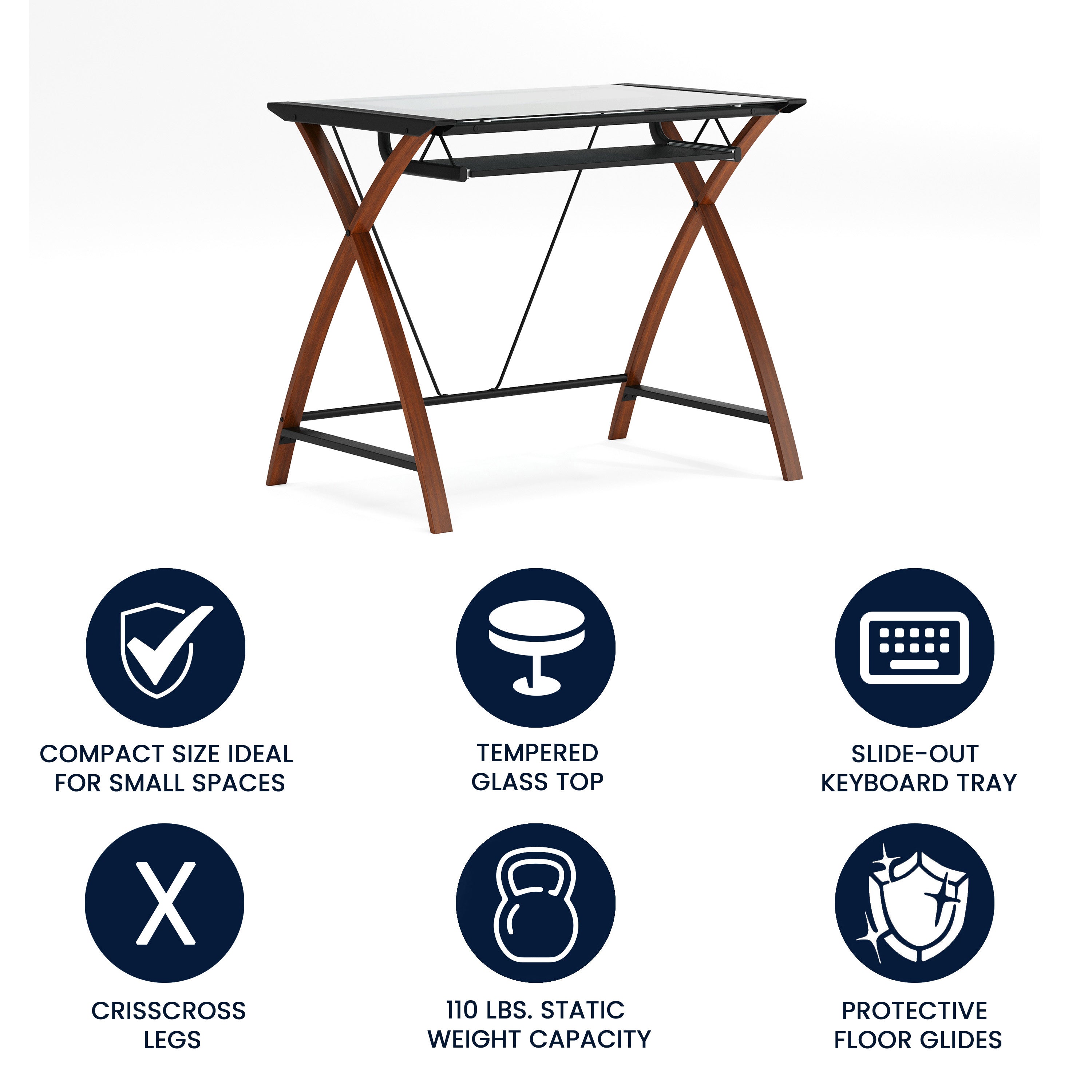 Jude Glass Computer Desk with Pull-Out Keyboard Tray and Crisscross Frame