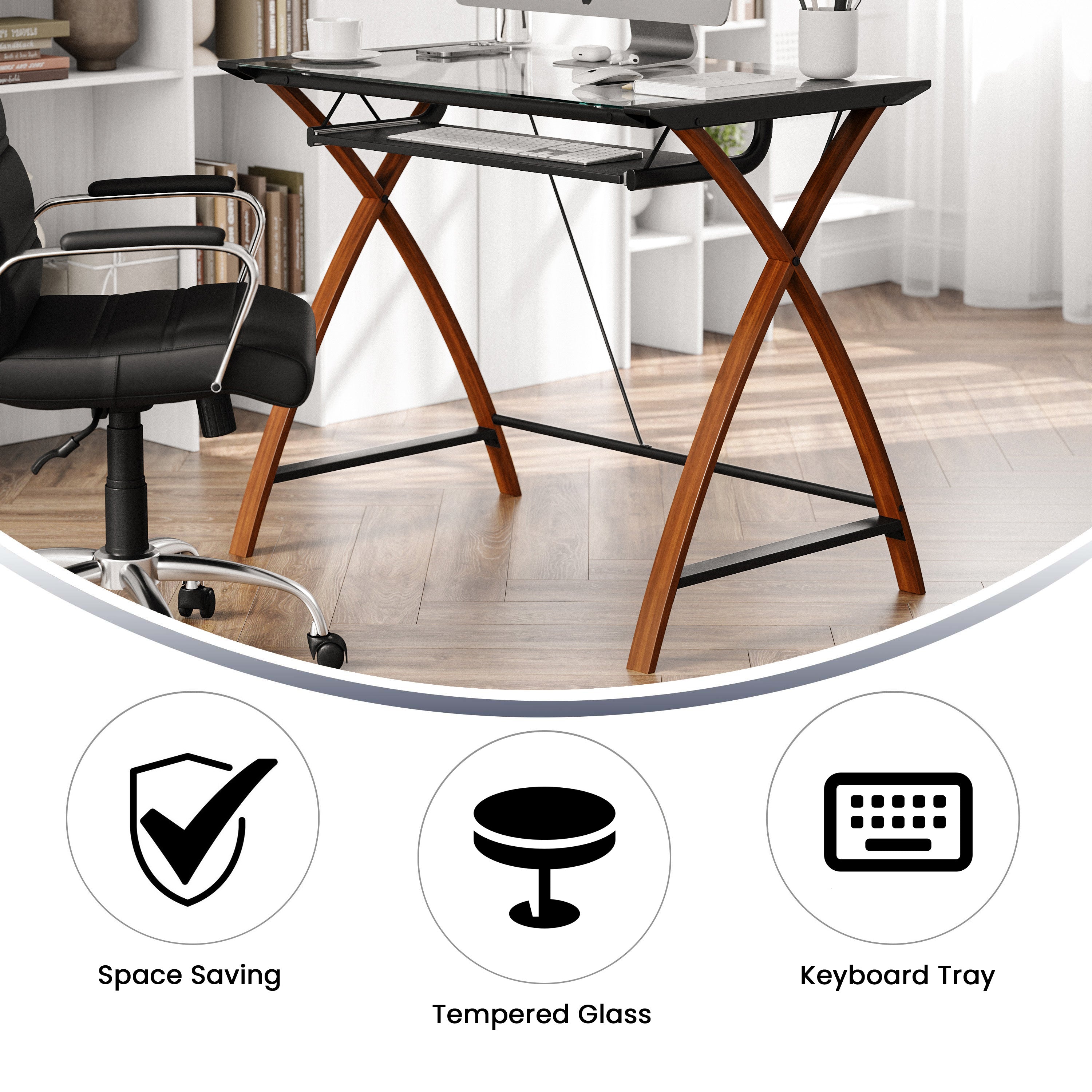 Jude Glass Computer Desk with Pull-Out Keyboard Tray and Crisscross Frame
