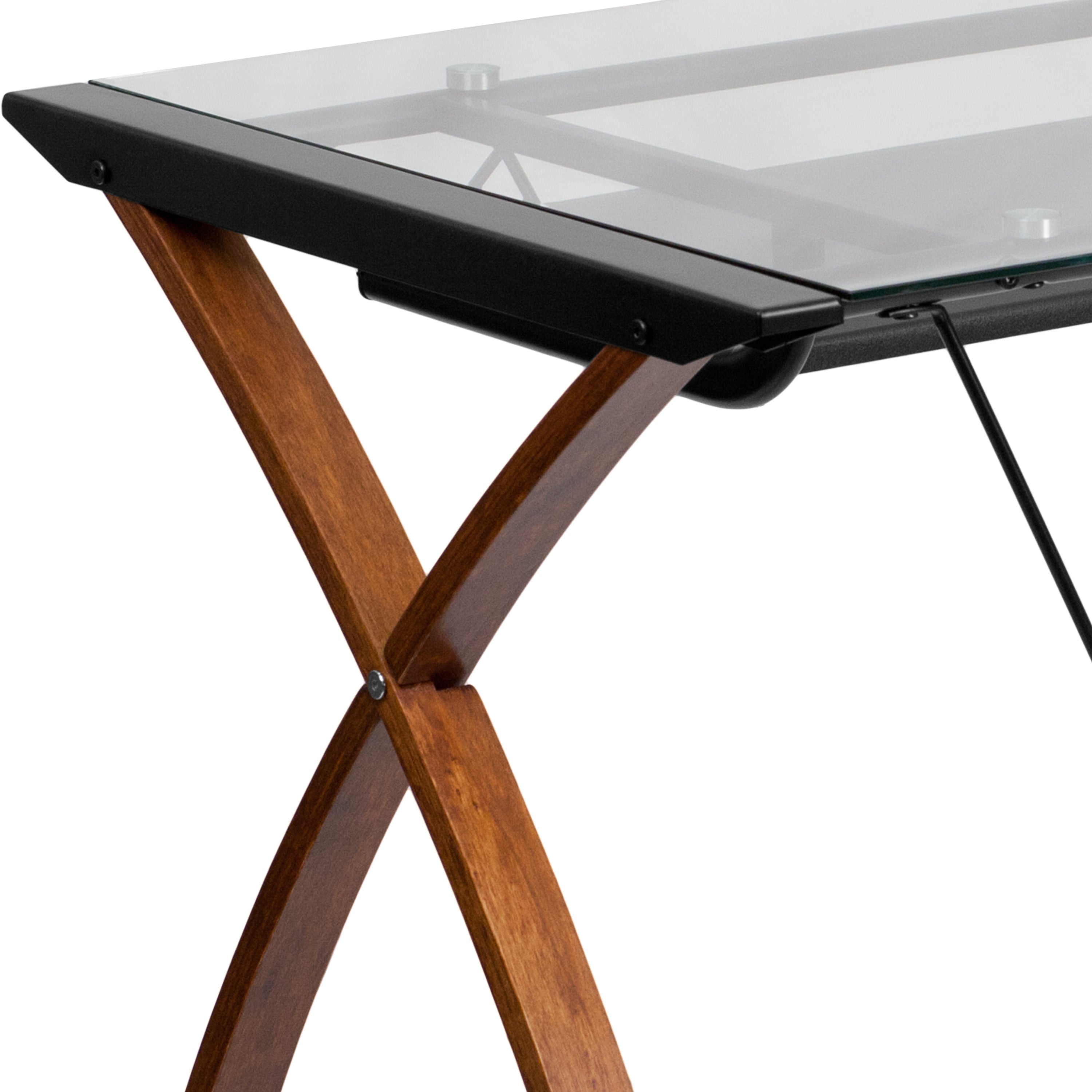Jude Glass Computer Desk with Pull-Out Keyboard Tray and Crisscross Frame