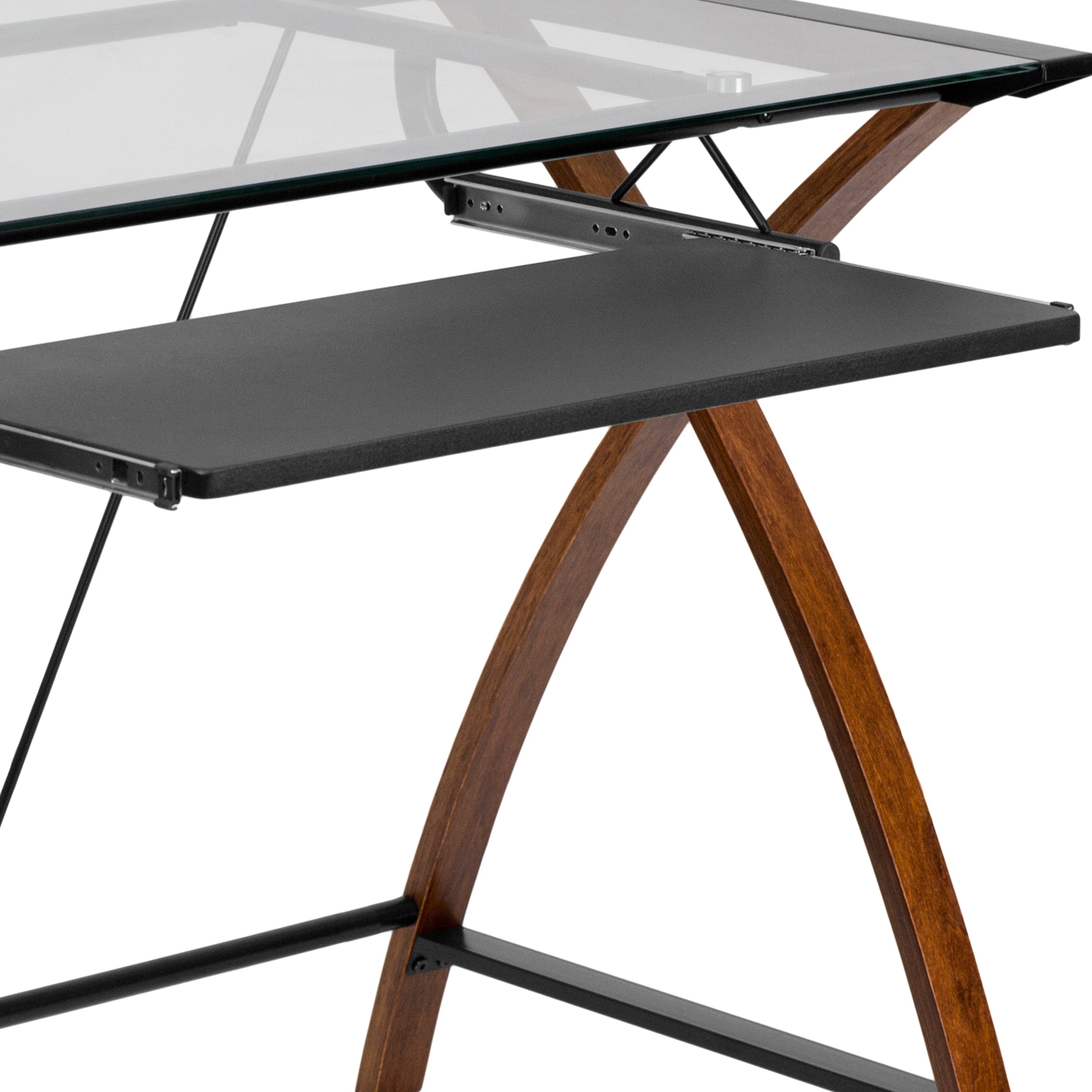 Jude Glass Computer Desk with Pull-Out Keyboard Tray and Crisscross Frame