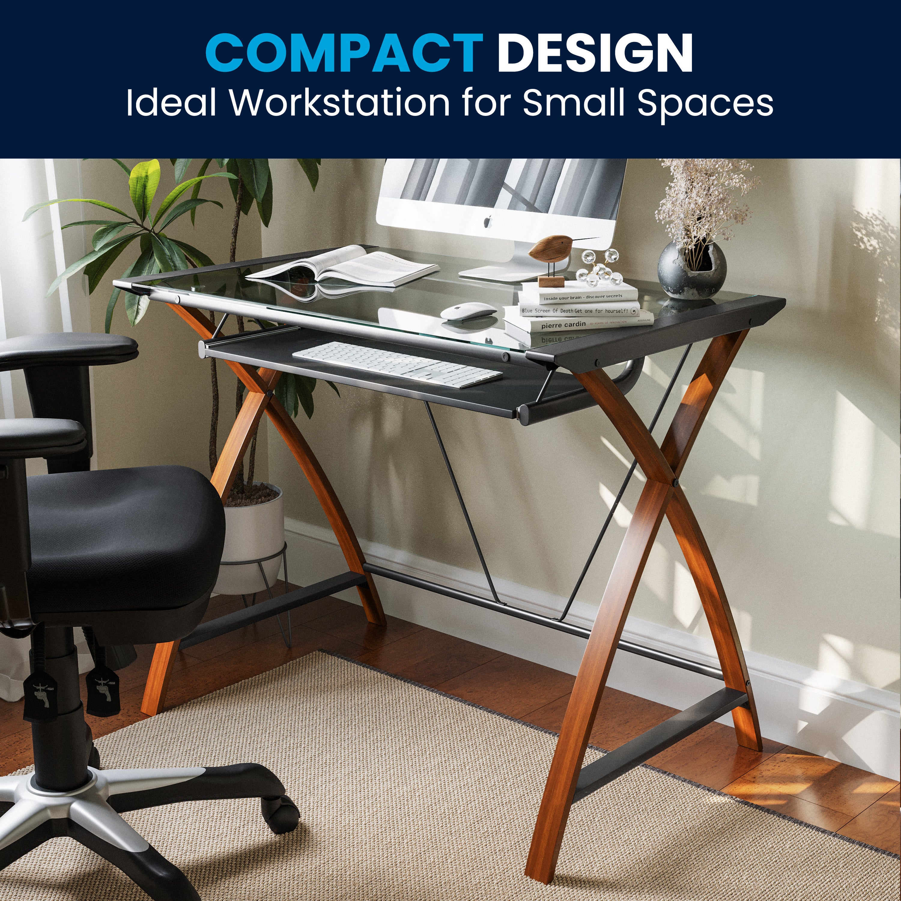 Jude Glass Computer Desk with Pull-Out Keyboard Tray and Crisscross Frame