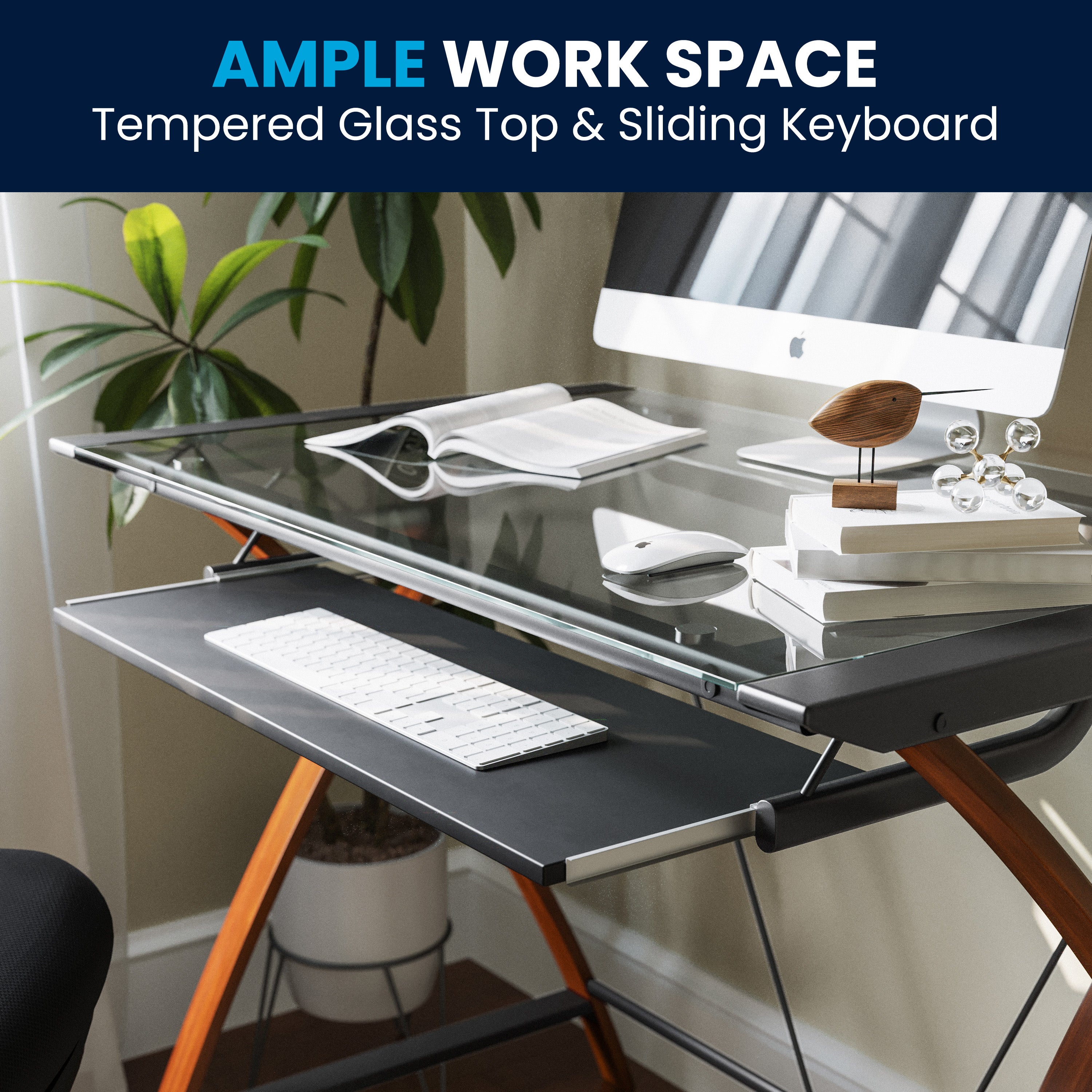 Jude Glass Computer Desk with Pull-Out Keyboard Tray and Crisscross Frame