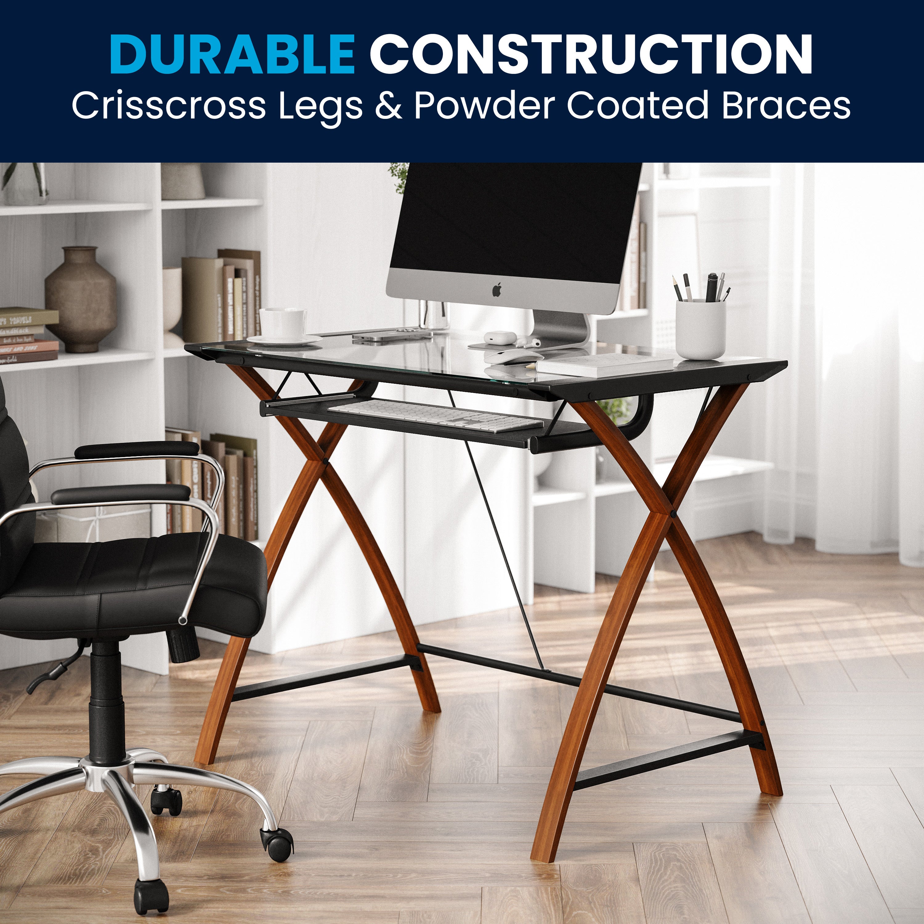 Jude Glass Computer Desk with Pull-Out Keyboard Tray and Crisscross Frame