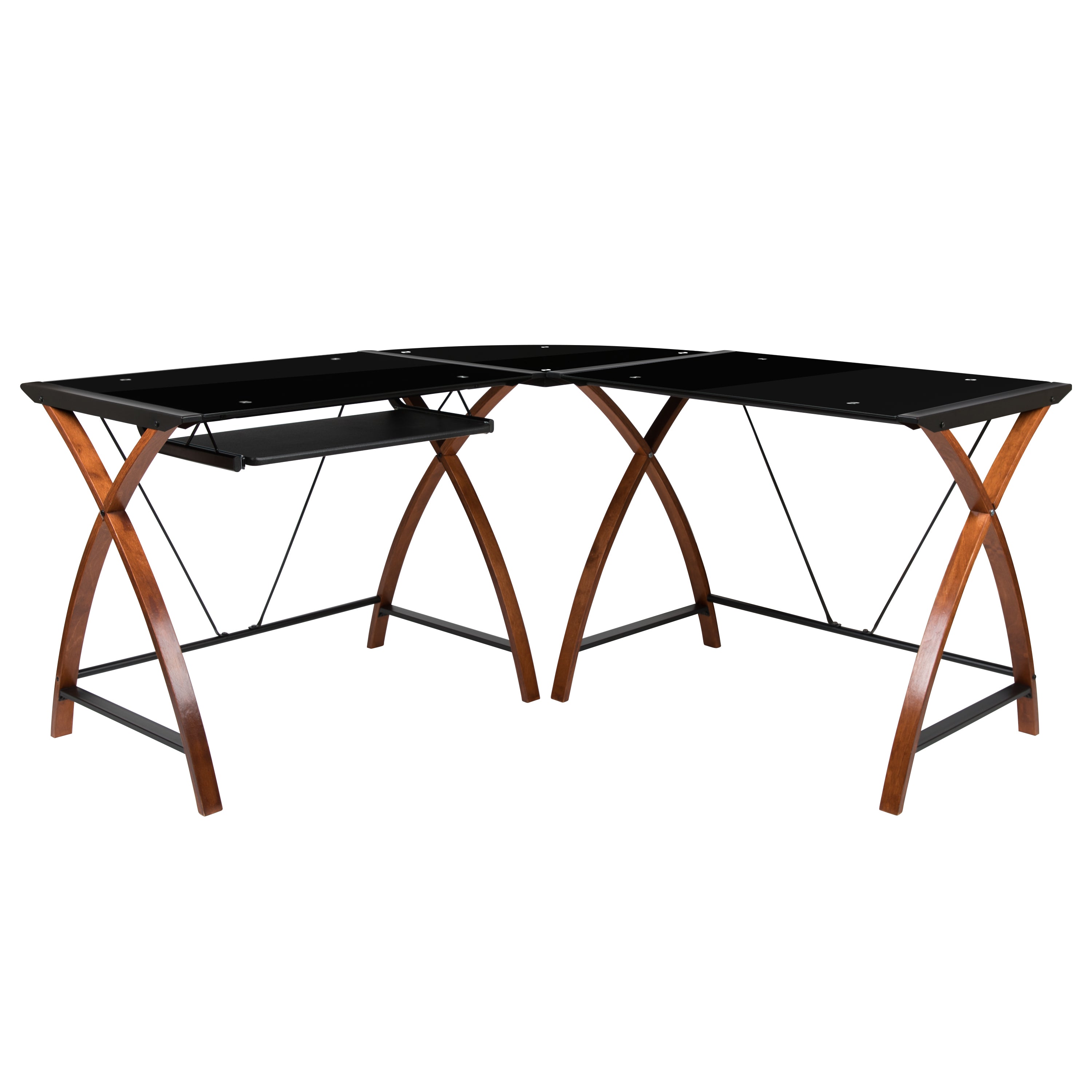Jude Black Glass L-Shape Corner Computer Desk with Pull-Out Keyboard Tray