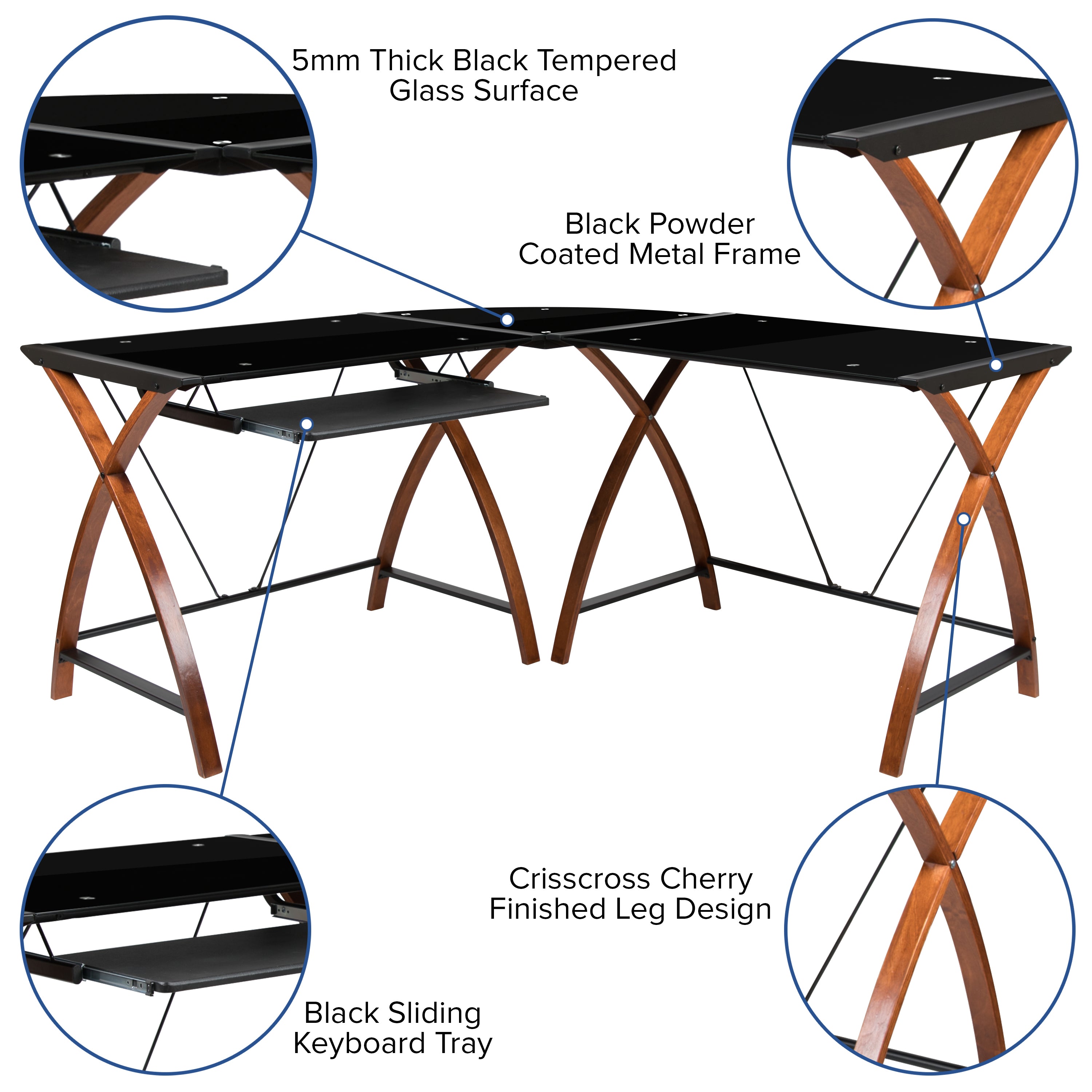 Jude Black Glass L-Shape Corner Computer Desk with Pull-Out Keyboard Tray