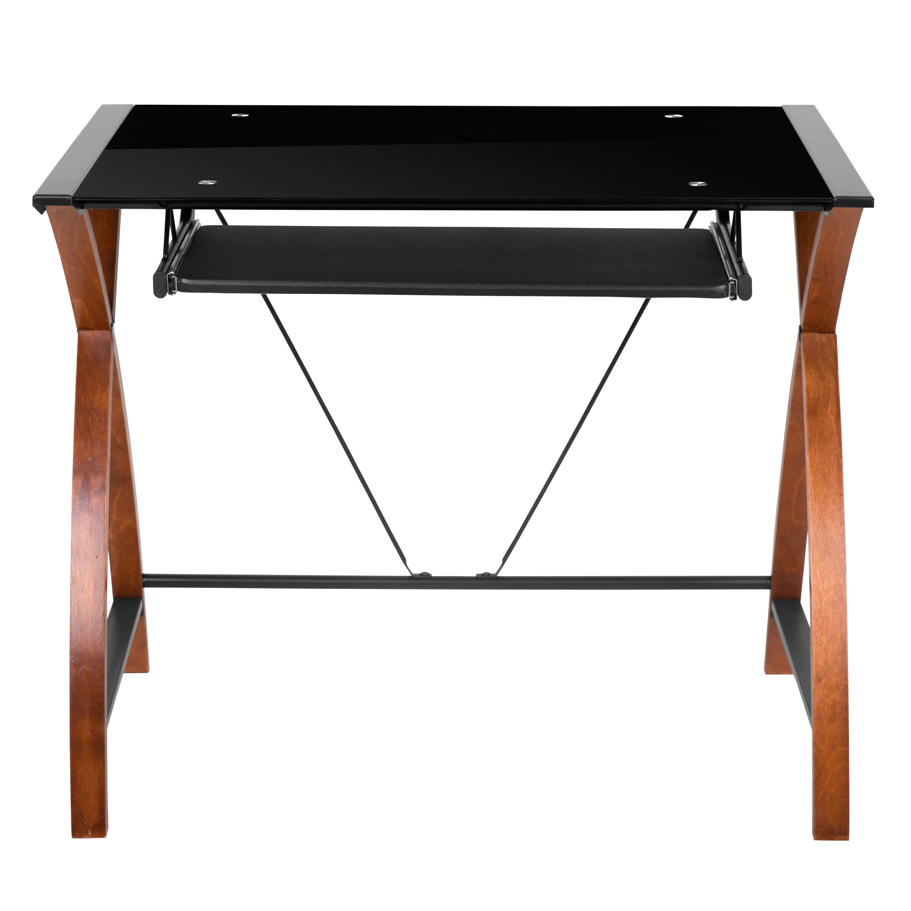 Jude Black Glass L-Shape Corner Computer Desk with Pull-Out Keyboard Tray