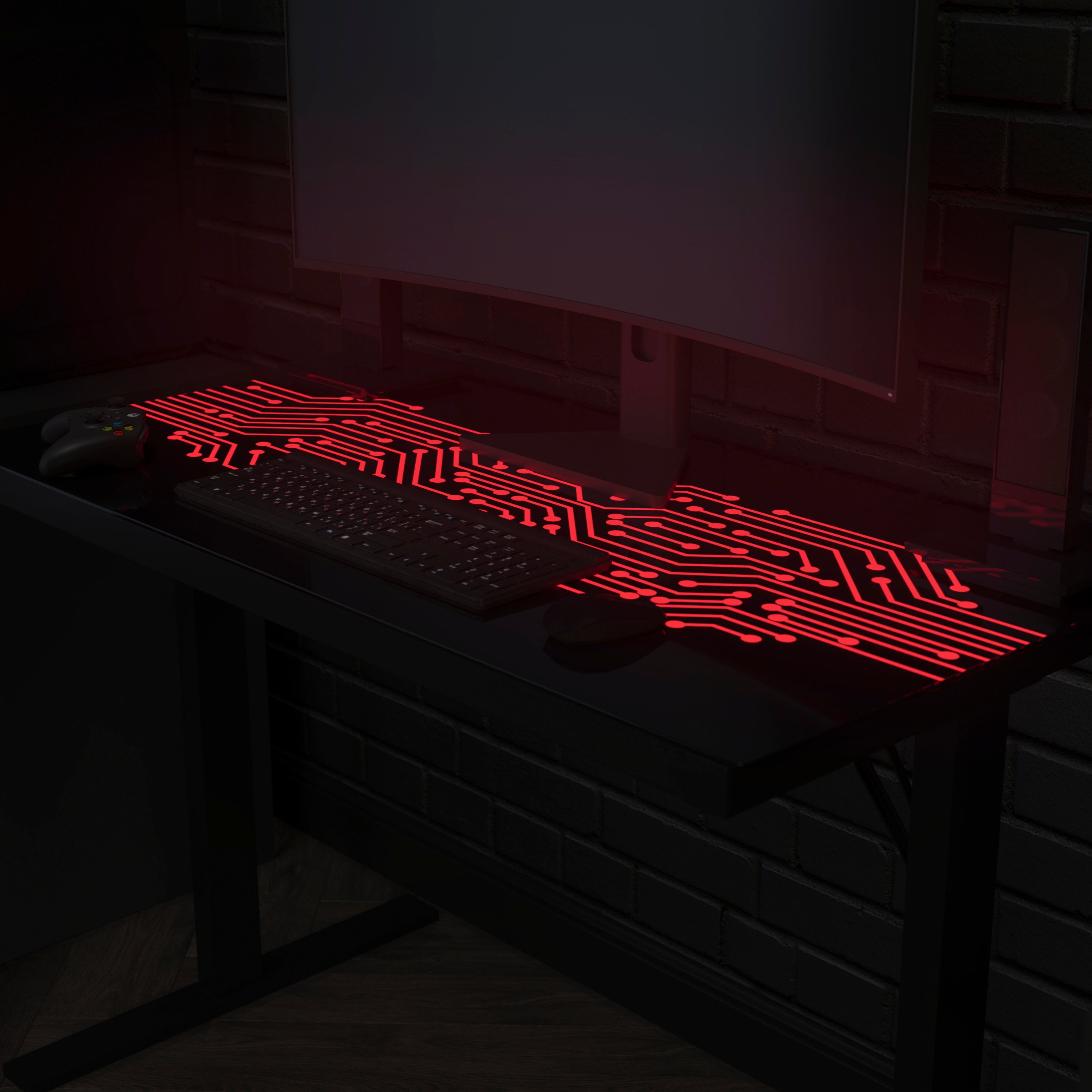 Shan 43" Commercial Grade Gaming Desk with LED Lights, Tempered Glass Desktop, Home or Office Computer Table, Steel Frame with LED Light Remote, Black