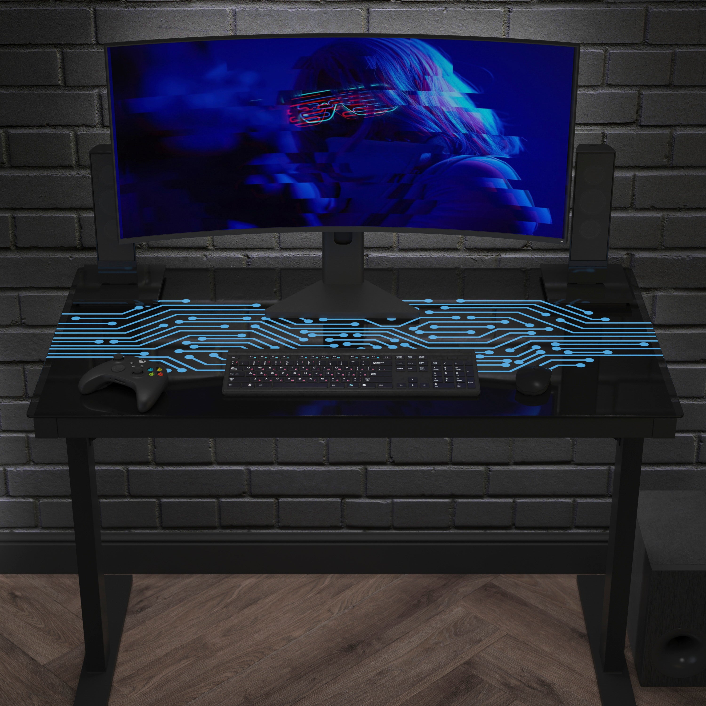 Shan 43" Commercial Grade Gaming Desk with LED Lights, Tempered Glass Desktop, Home or Office Computer Table, Steel Frame with LED Light Remote, Black