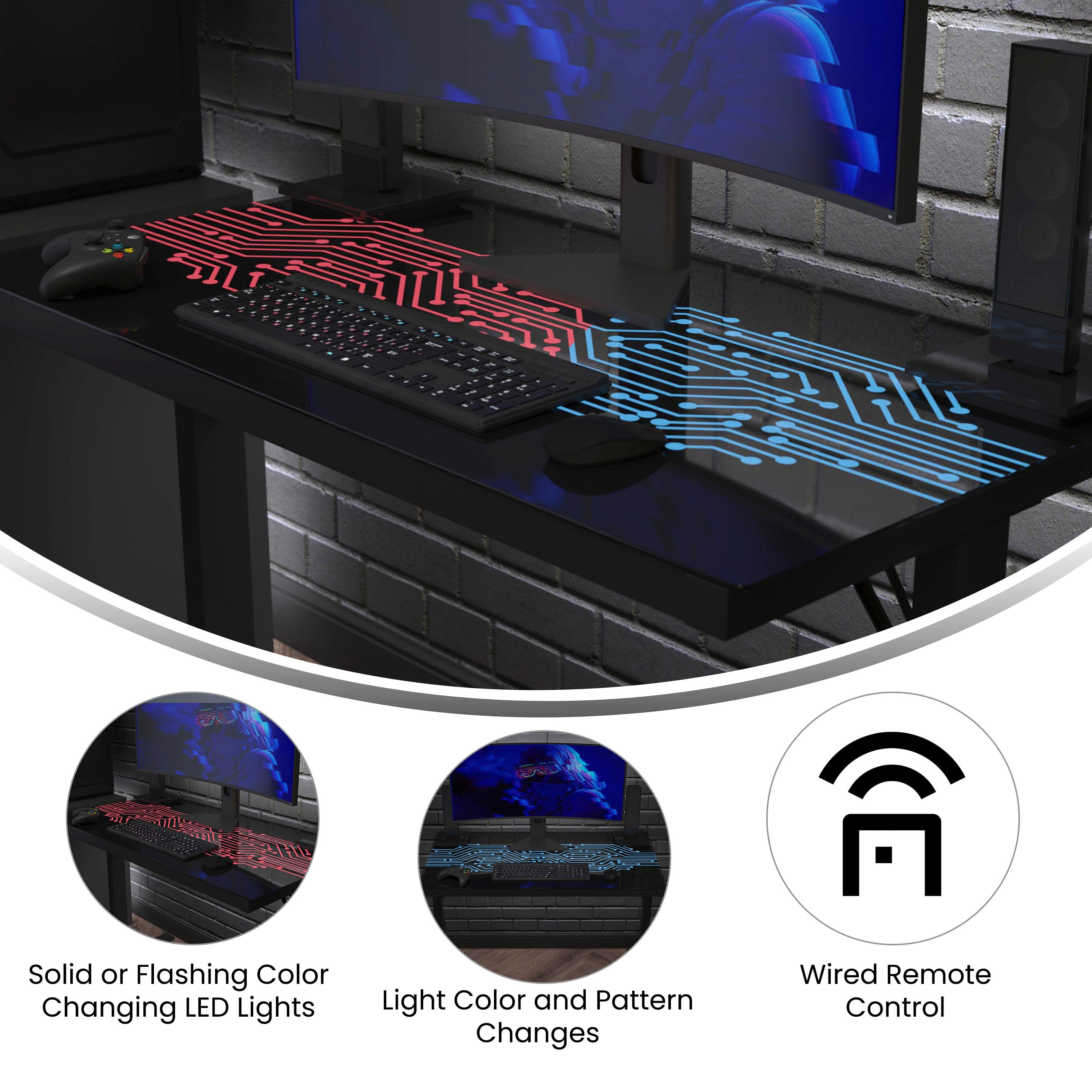 Shan 43" Commercial Grade Gaming Desk with LED Lights, Tempered Glass Desktop, Home or Office Computer Table, Steel Frame with LED Light Remote, Black