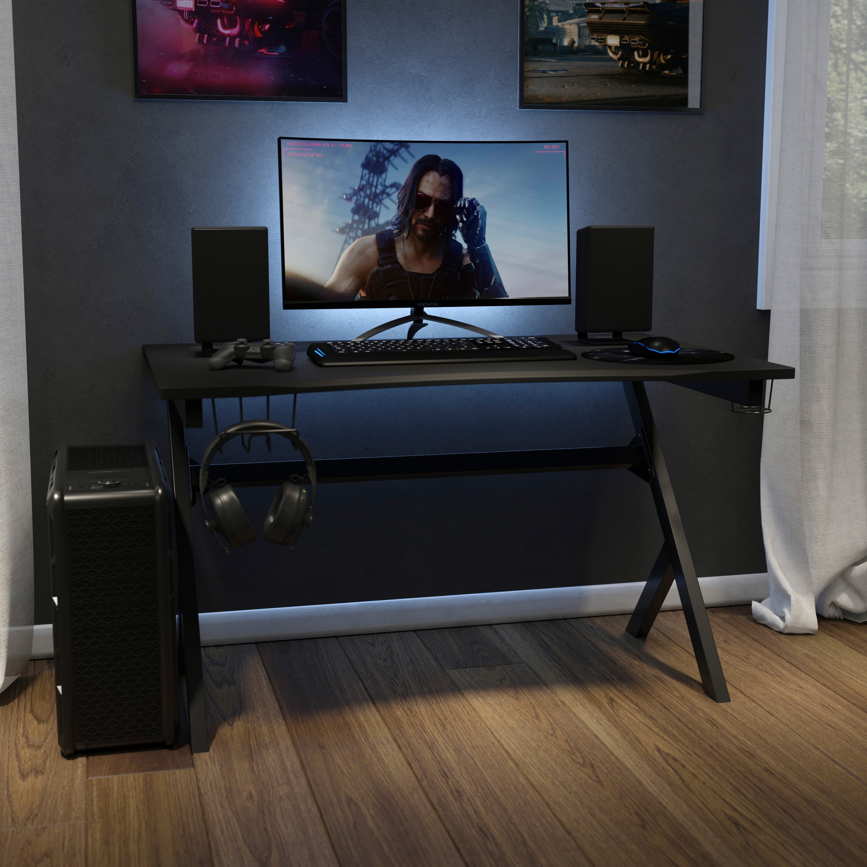 Duncan Gaming Desk 45.25" x 29" Computer Table Gamer Workstation with Headphone Holder and 2 Cable Management Holes