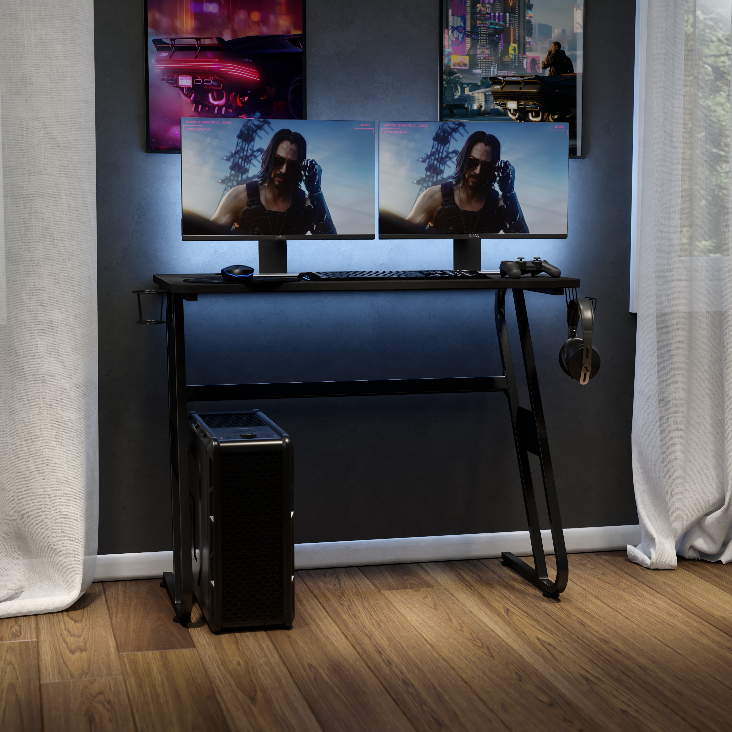 Fisher Black Gaming Ergonomic Desk with Cup Holder and Headphone Hook