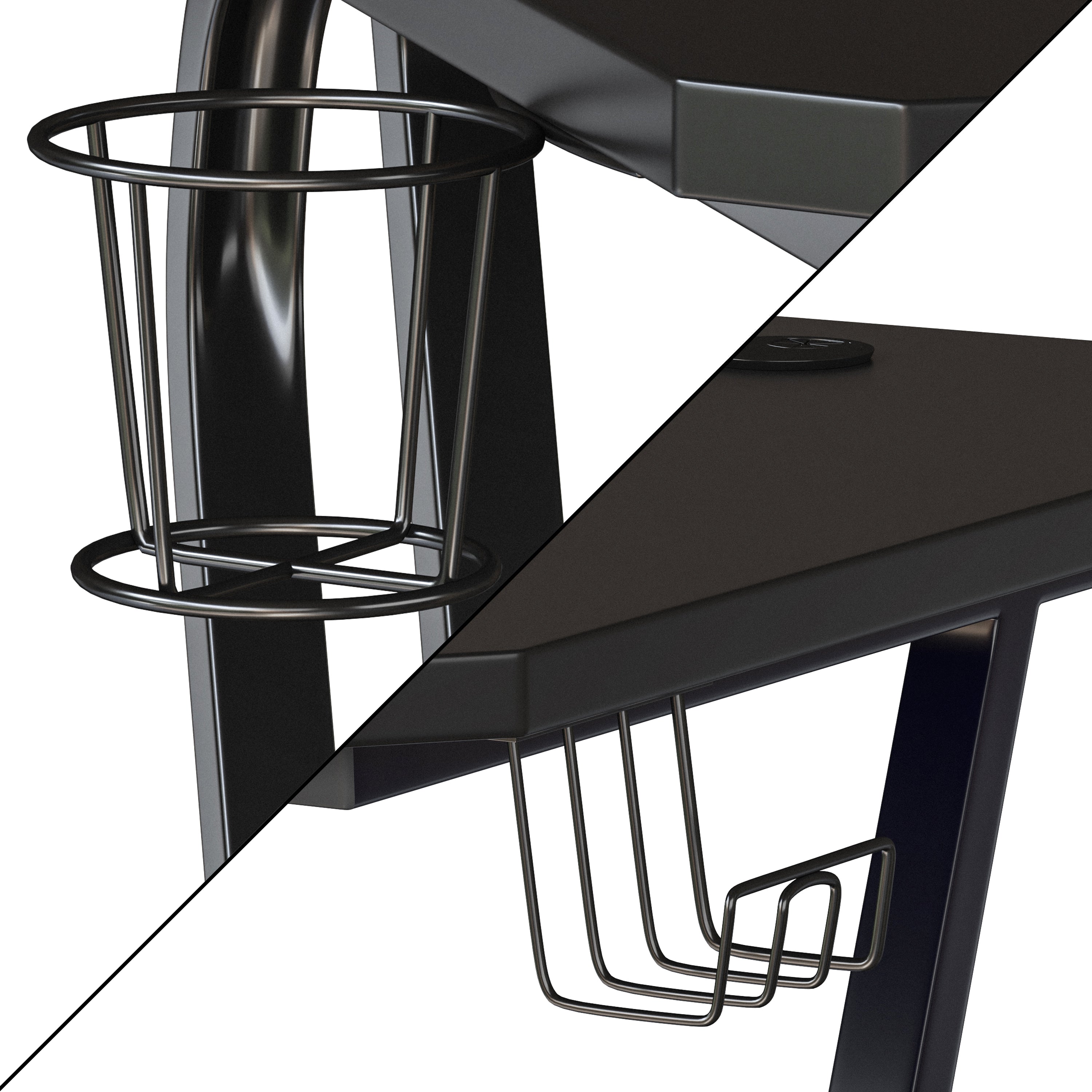 Fisher Black Gaming Ergonomic Desk with Cup Holder and Headphone Hook
