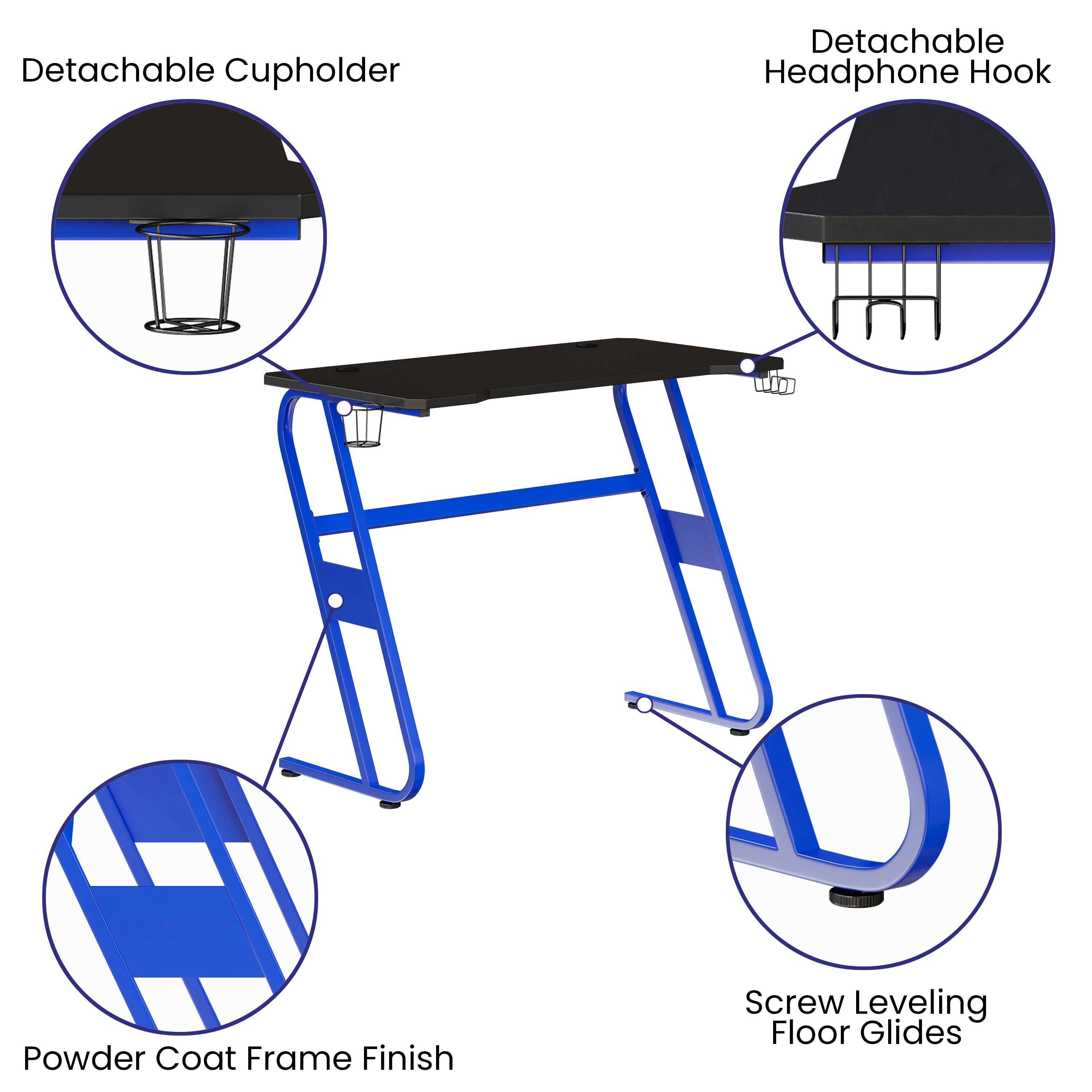 Fisher Blue Gaming Ergonomic Desk with Cup Holder and Headphone Hook