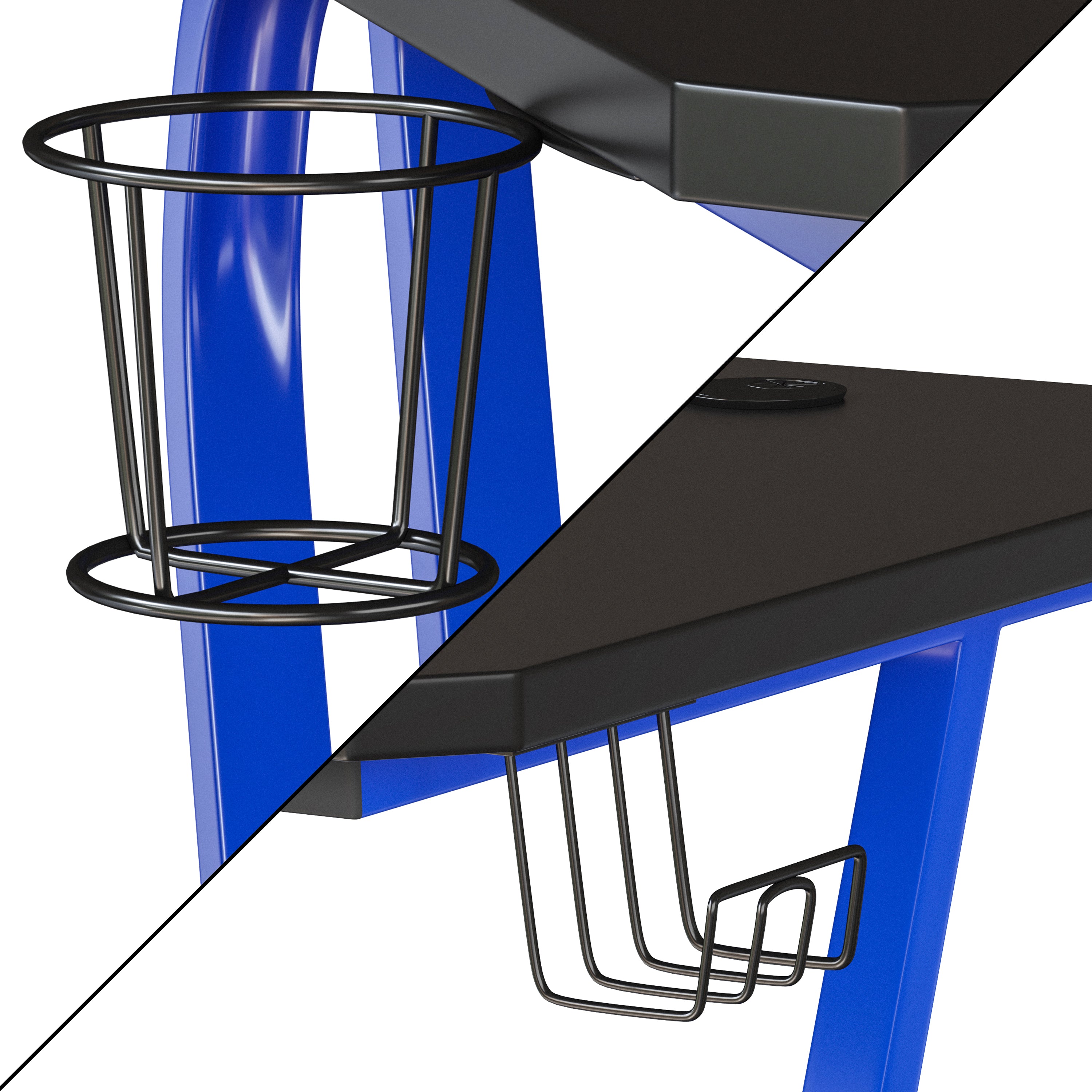 Fisher Blue Gaming Ergonomic Desk with Cup Holder and Headphone Hook