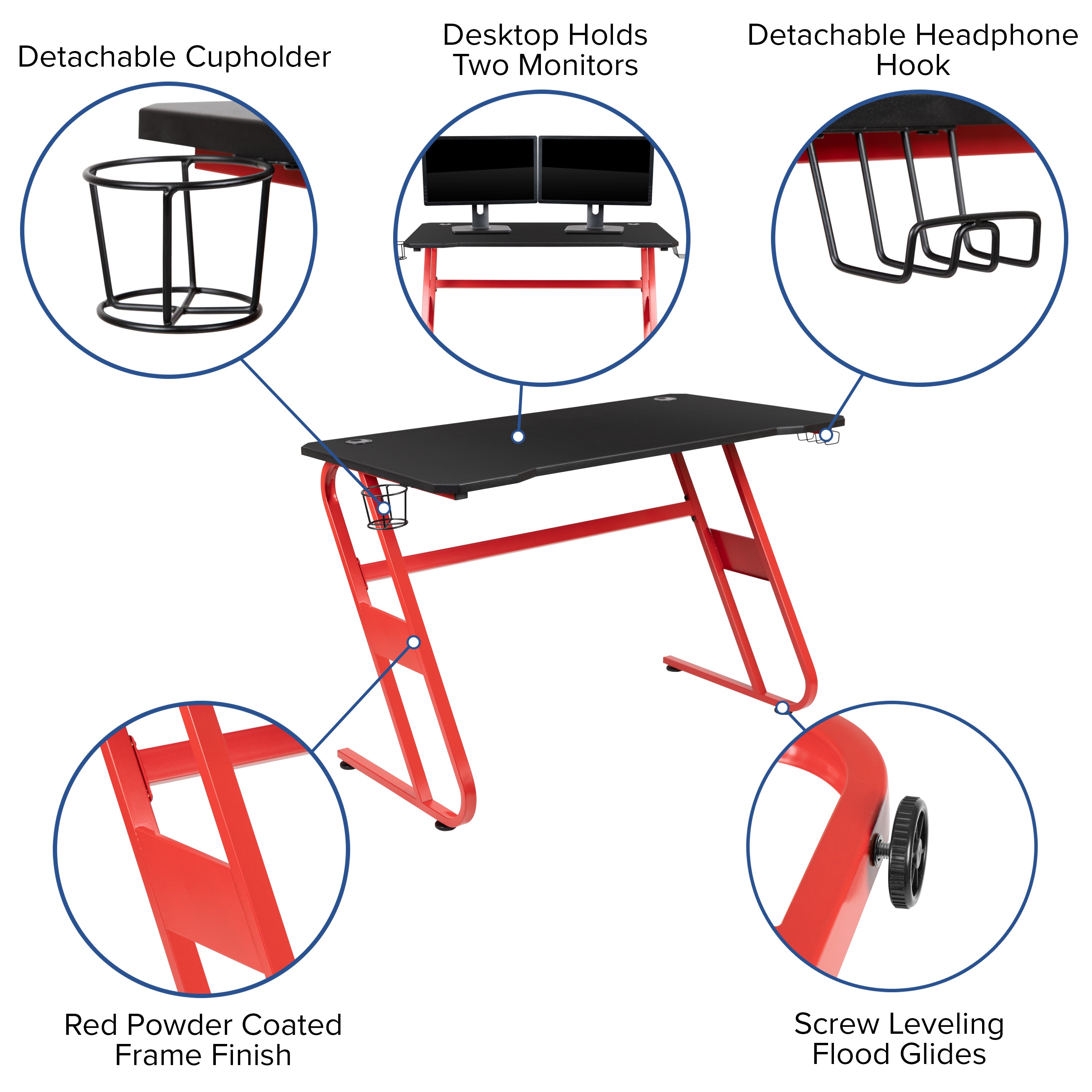 Fisher Red Gaming Ergonomic Desk with Cup Holder and Headphone Hook