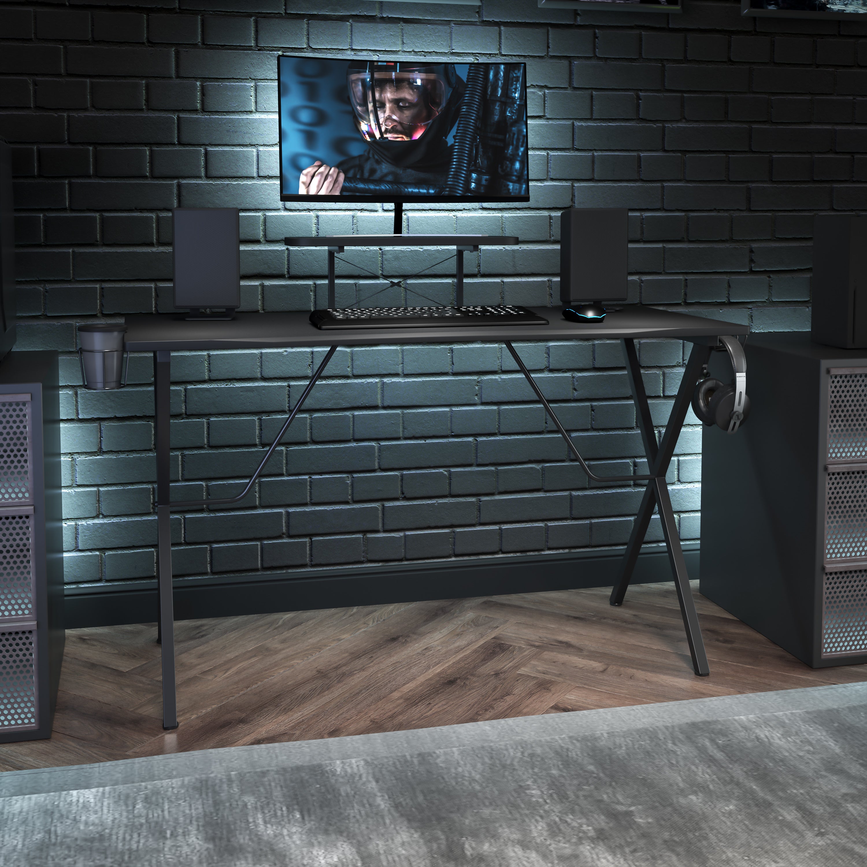 Mallot Black Gaming Desk with Cup Holder, Headphone Hook, and Monitor/Smartphone Stand