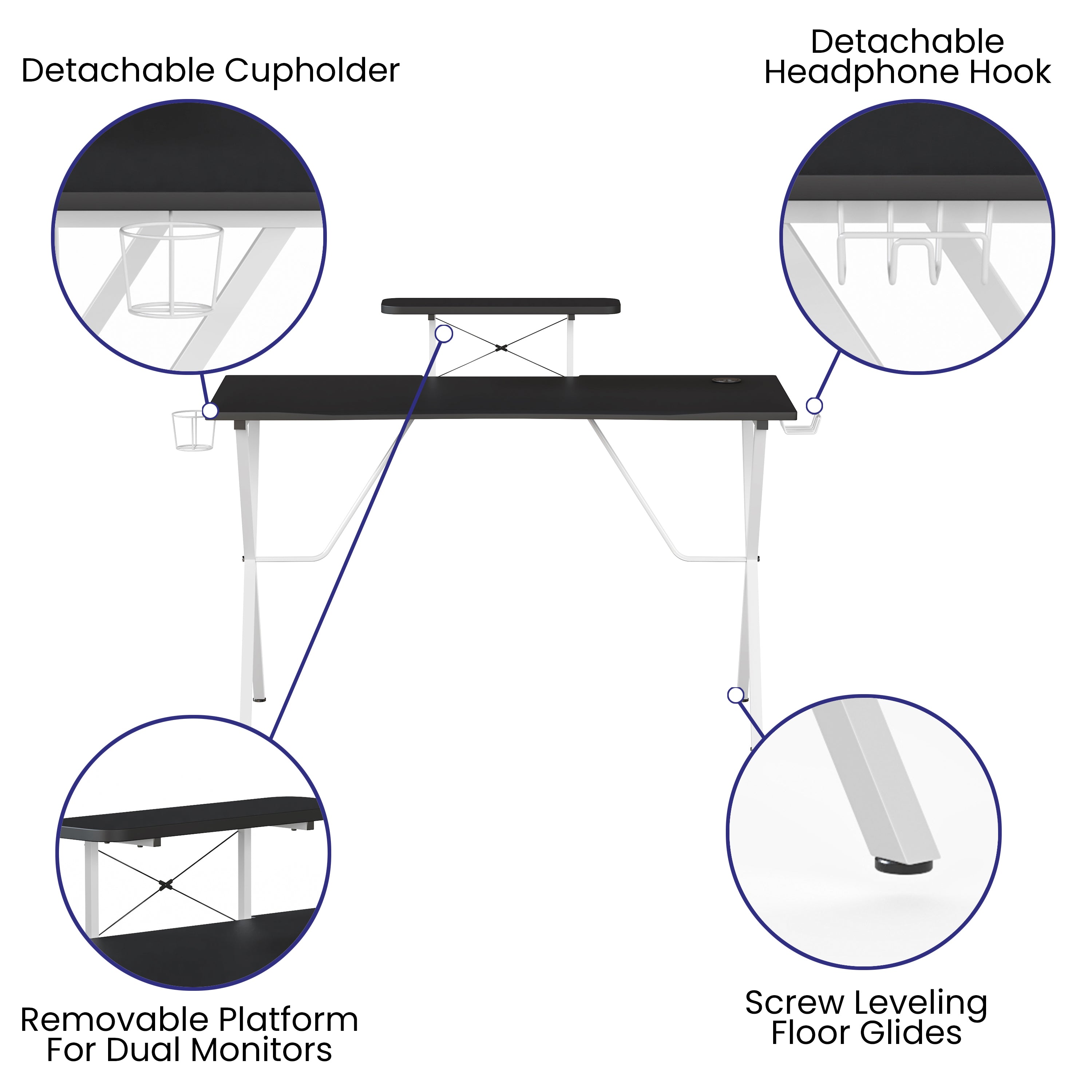Mallot Black Gaming Desk and White Frame with Cup Holder, Headphone Hook, and Monitor/Smartphone Stand