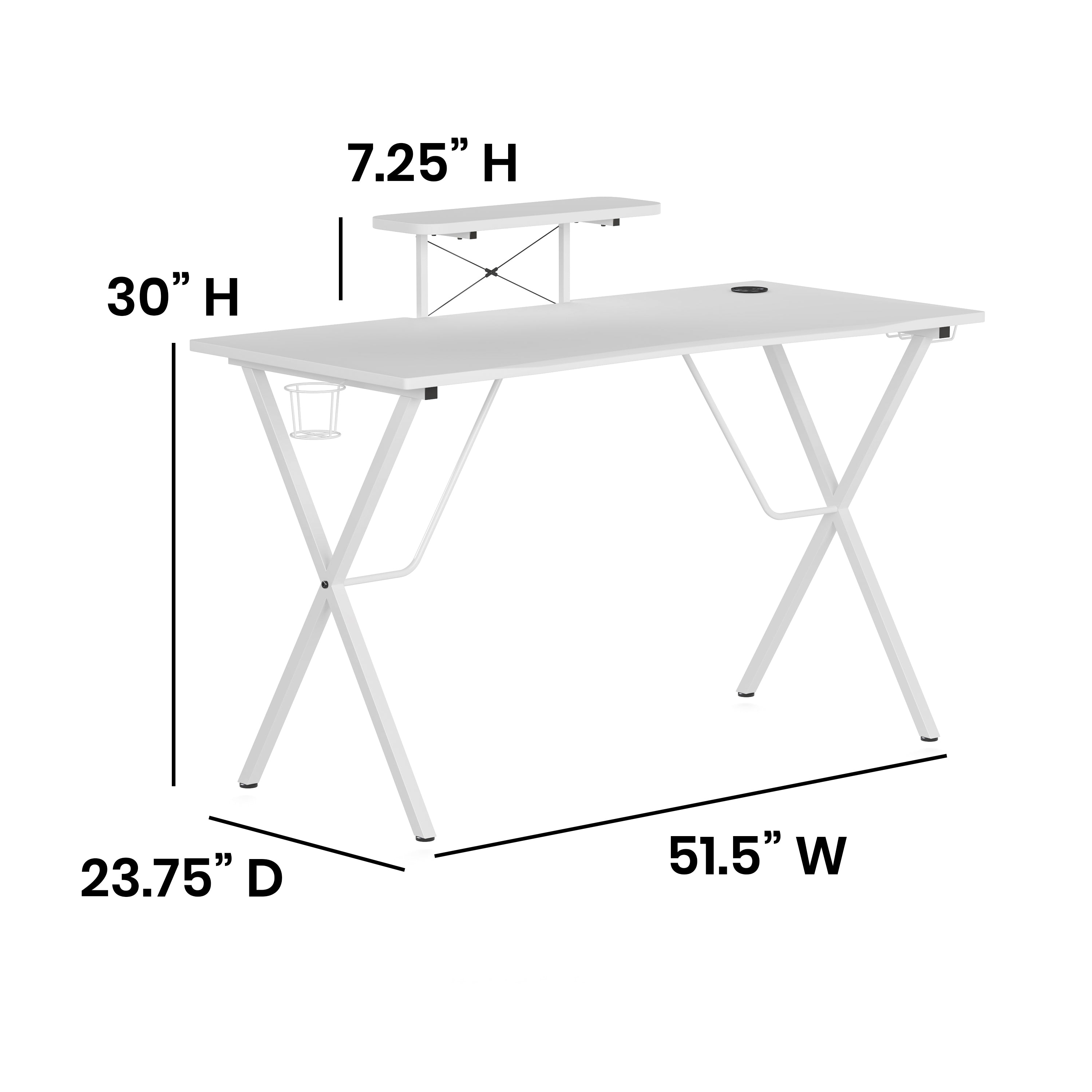 Mallot White Gaming Desk with Cup Holder, Headphone Hook, and Monitor/Smartphone Stand