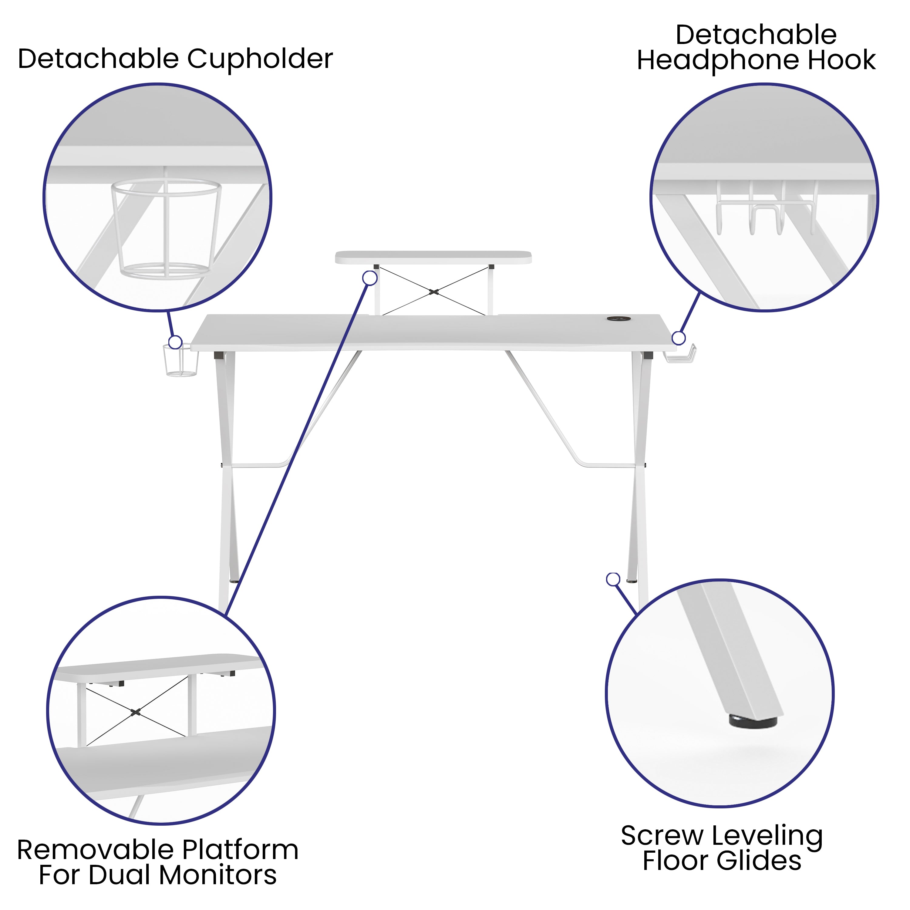 Mallot White Gaming Desk with Cup Holder, Headphone Hook, and Monitor/Smartphone Stand