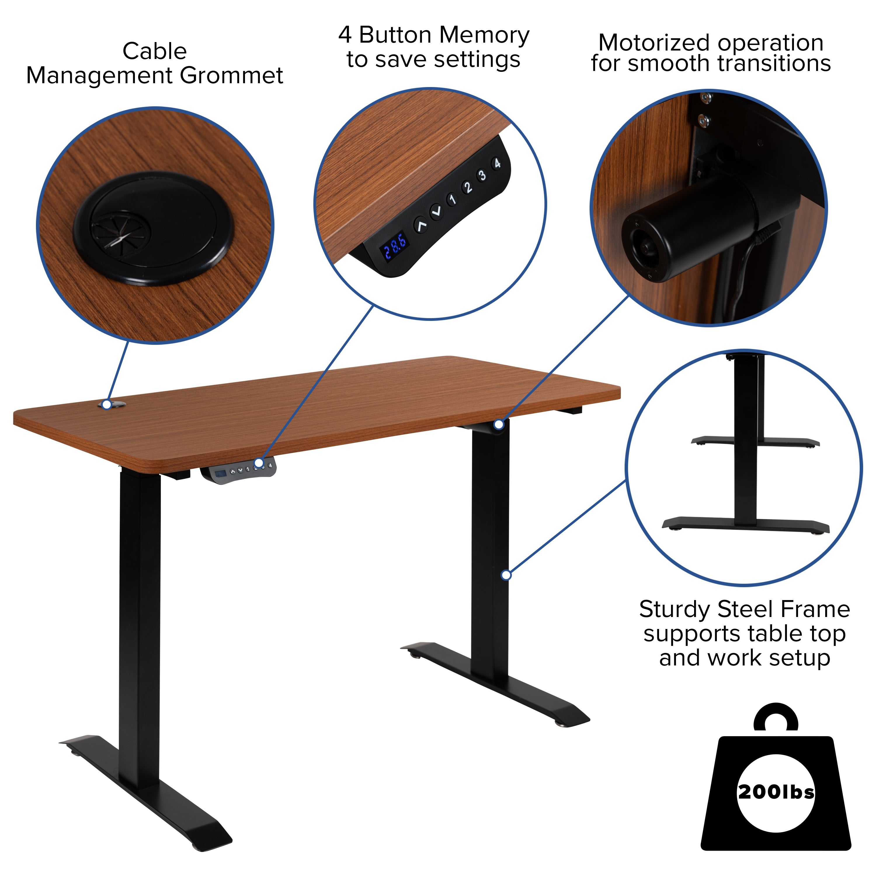 Tanner Electric Height Adjustable Standing Desk - Table Top 48" Wide - 24" Deep (Mahogany)
