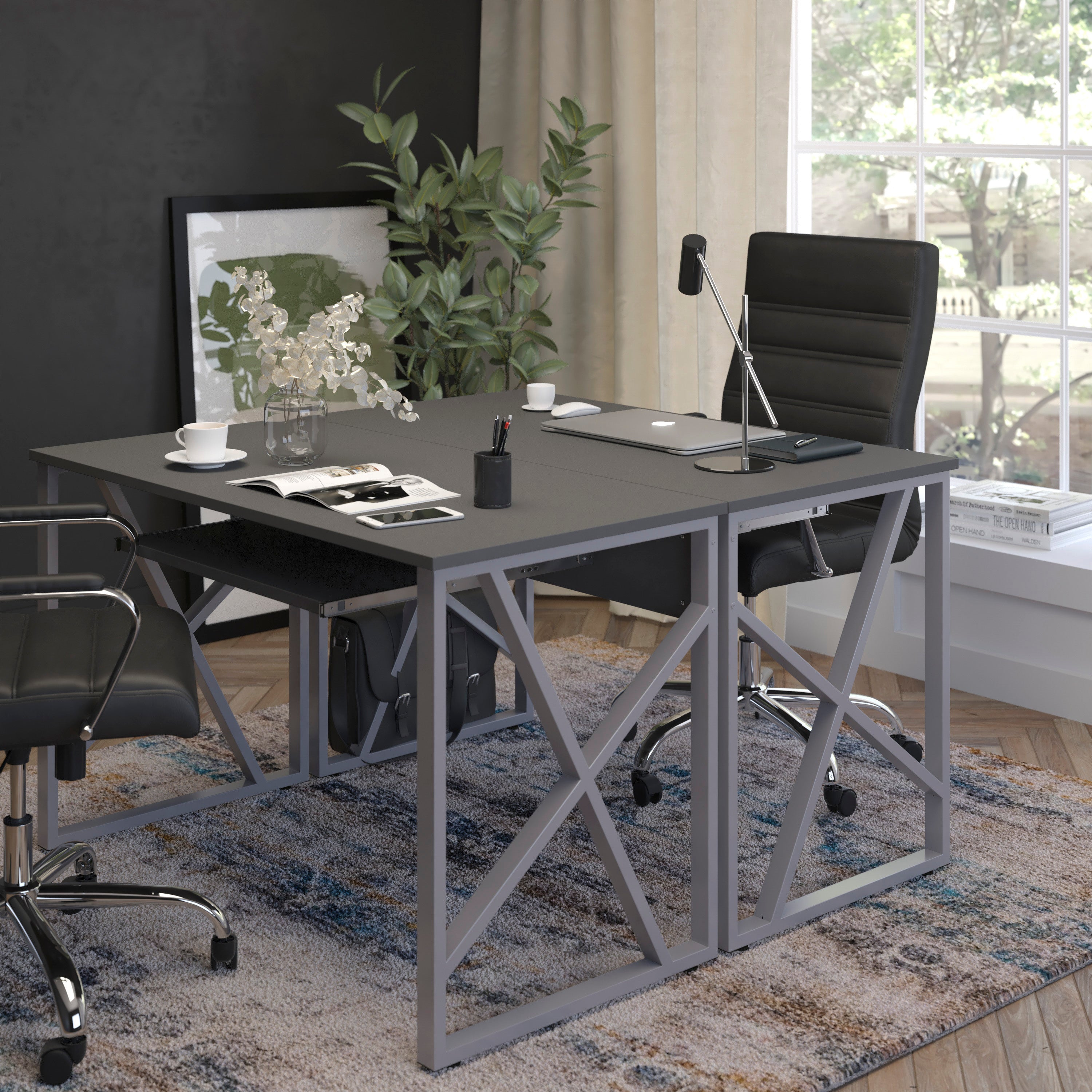 Salvador Black Computer Desk with Pull-Out Keyboard Tray and Cross-Brace Frame