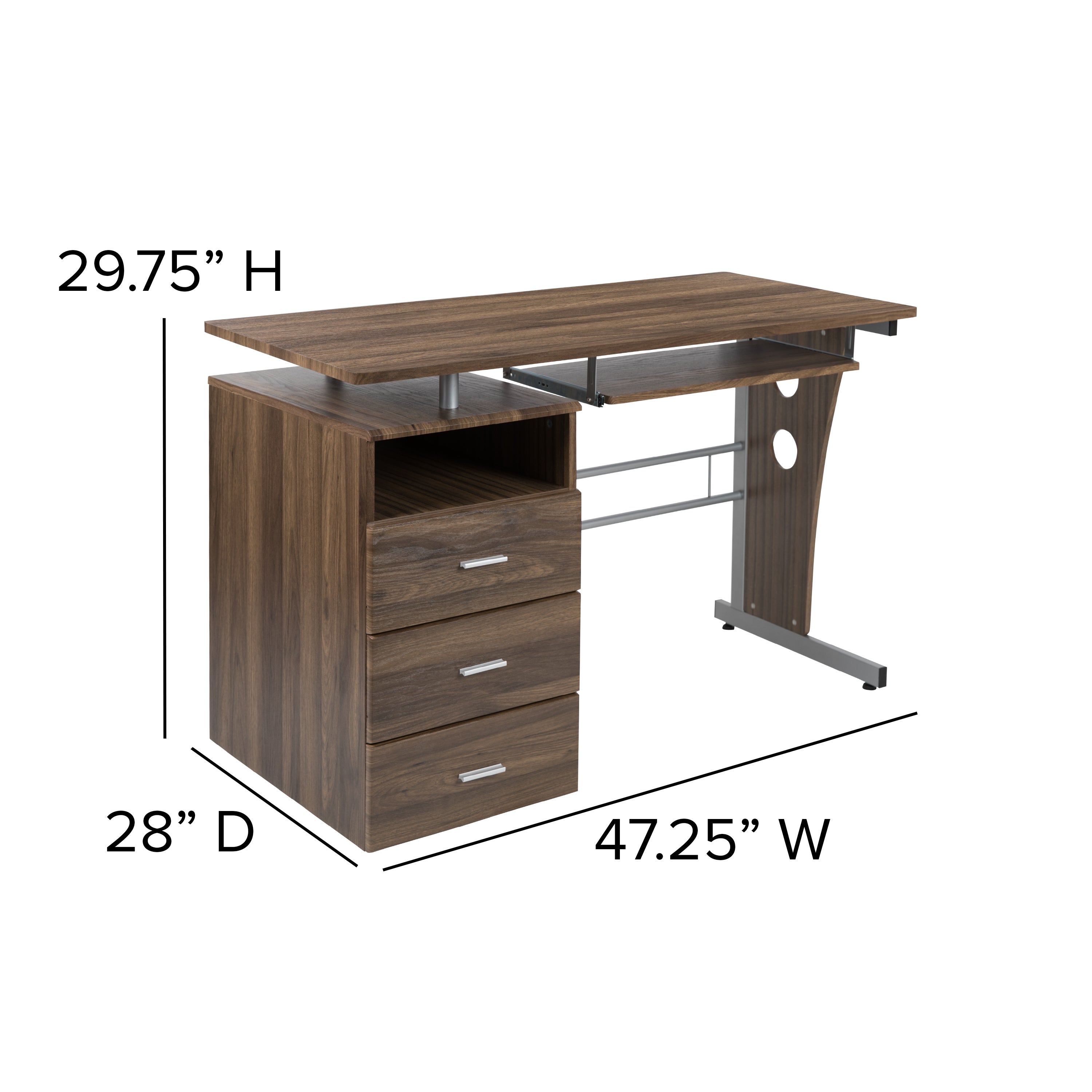 Joshua Rustic Walnut Desk with Three Drawer Pedestal and Pull-Out Keyboard Tray