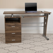 Joshua Rustic Walnut Desk with Three Drawer Pedestal and Pull-Out Keyboard Tray