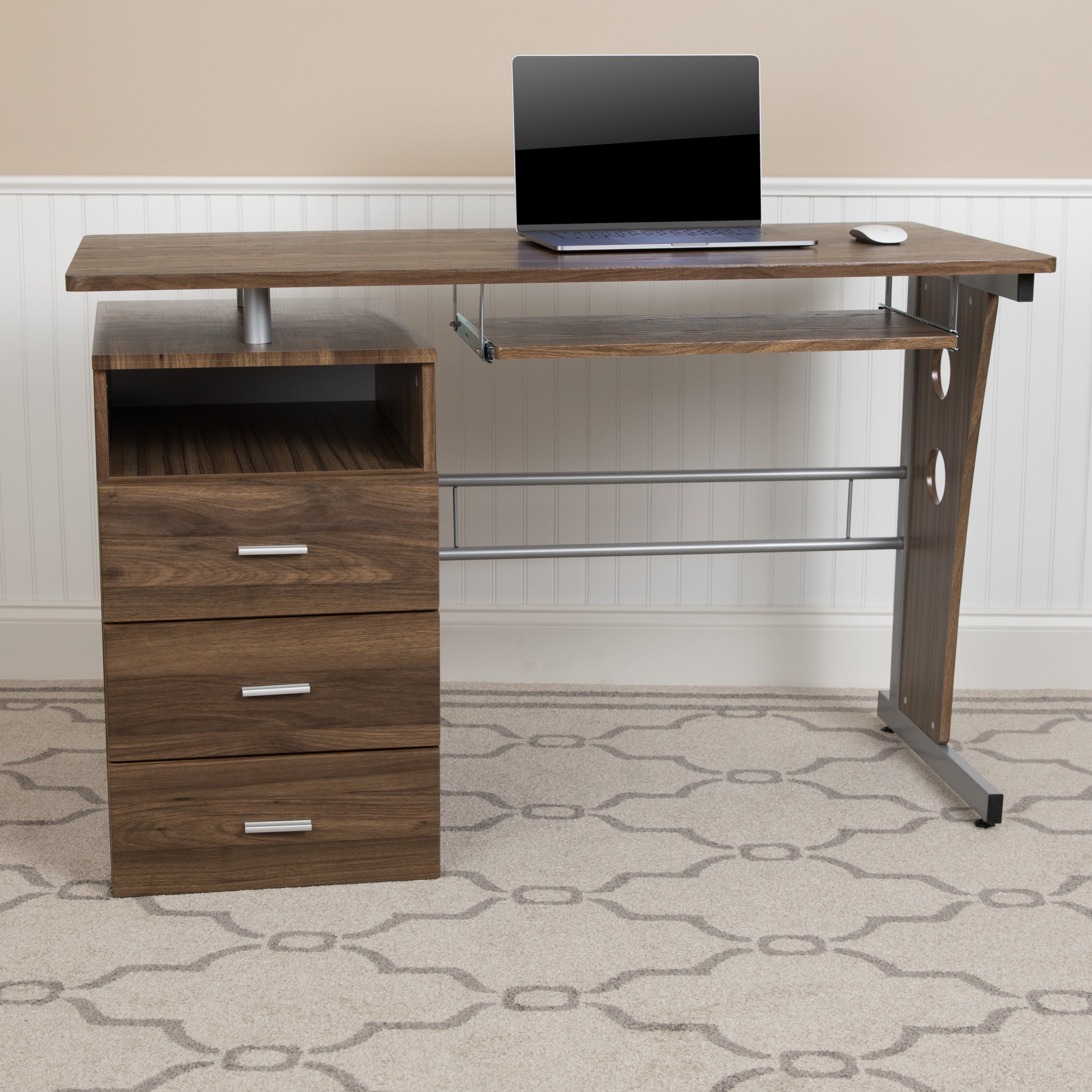 Joshua Rustic Walnut Desk with Three Drawer Pedestal and Pull-Out Keyboard Tray