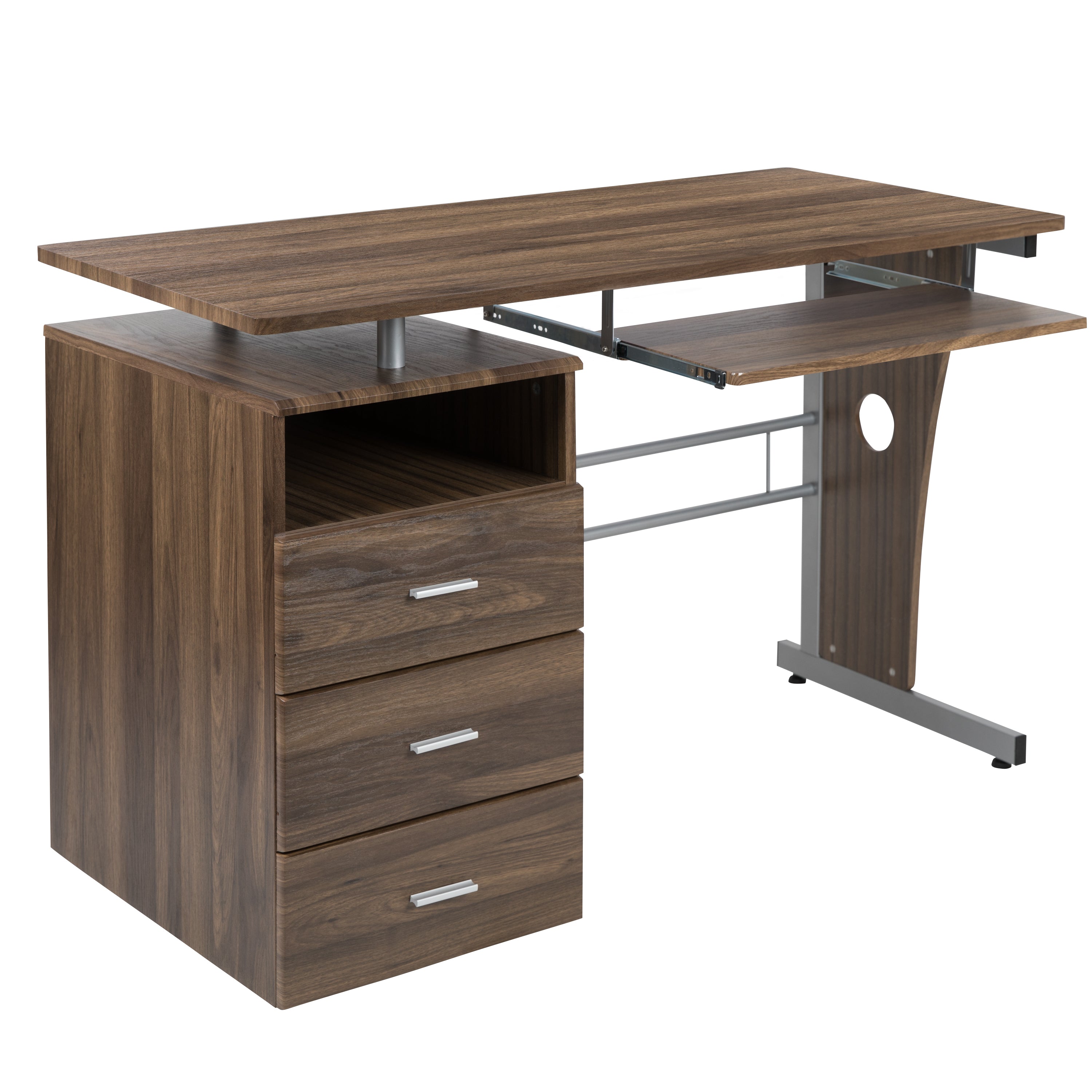Joshua Rustic Walnut Desk with Three Drawer Pedestal and Pull-Out Keyboard Tray
