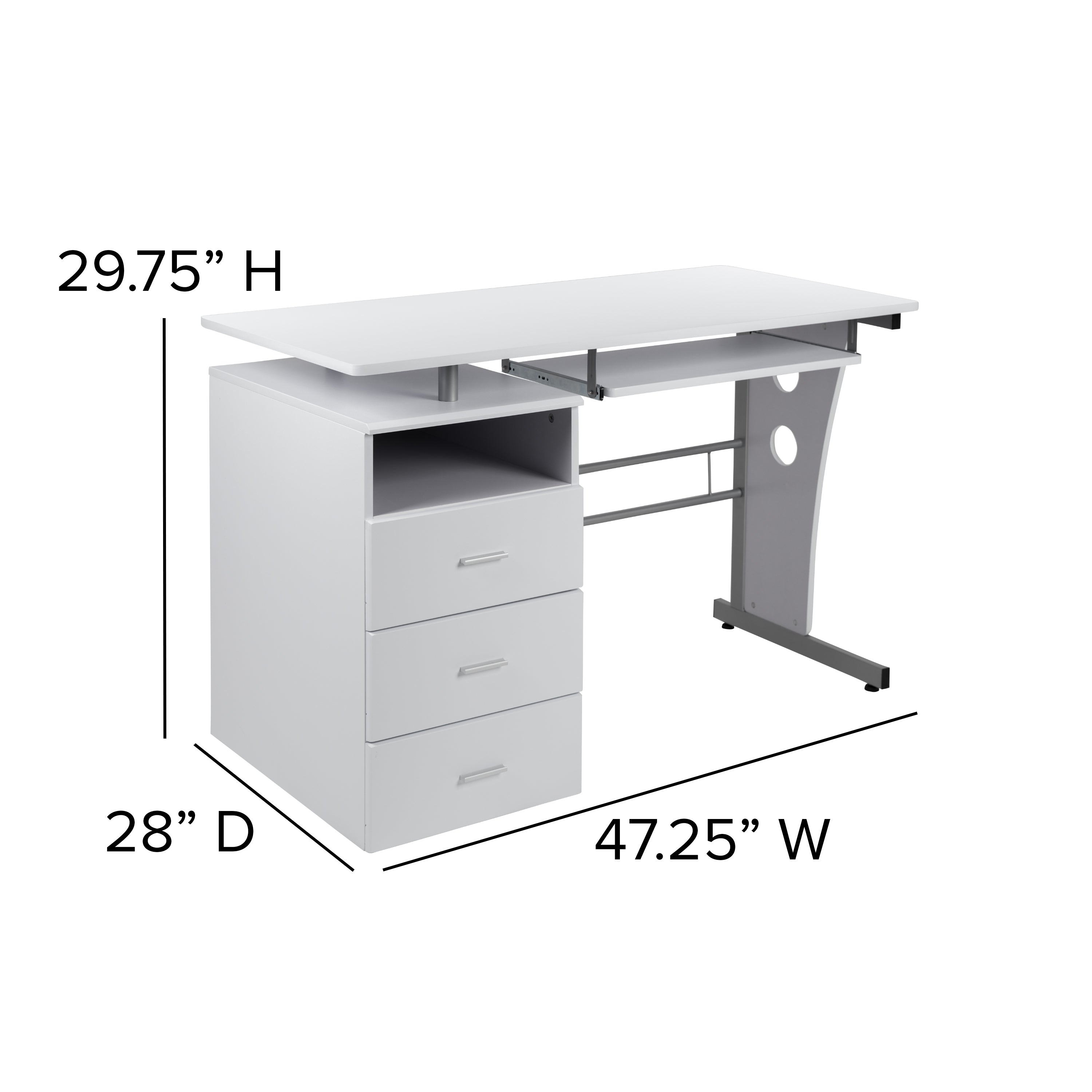Joshua White Desk with Three Drawer Pedestal and Pull-Out Keyboard Tray