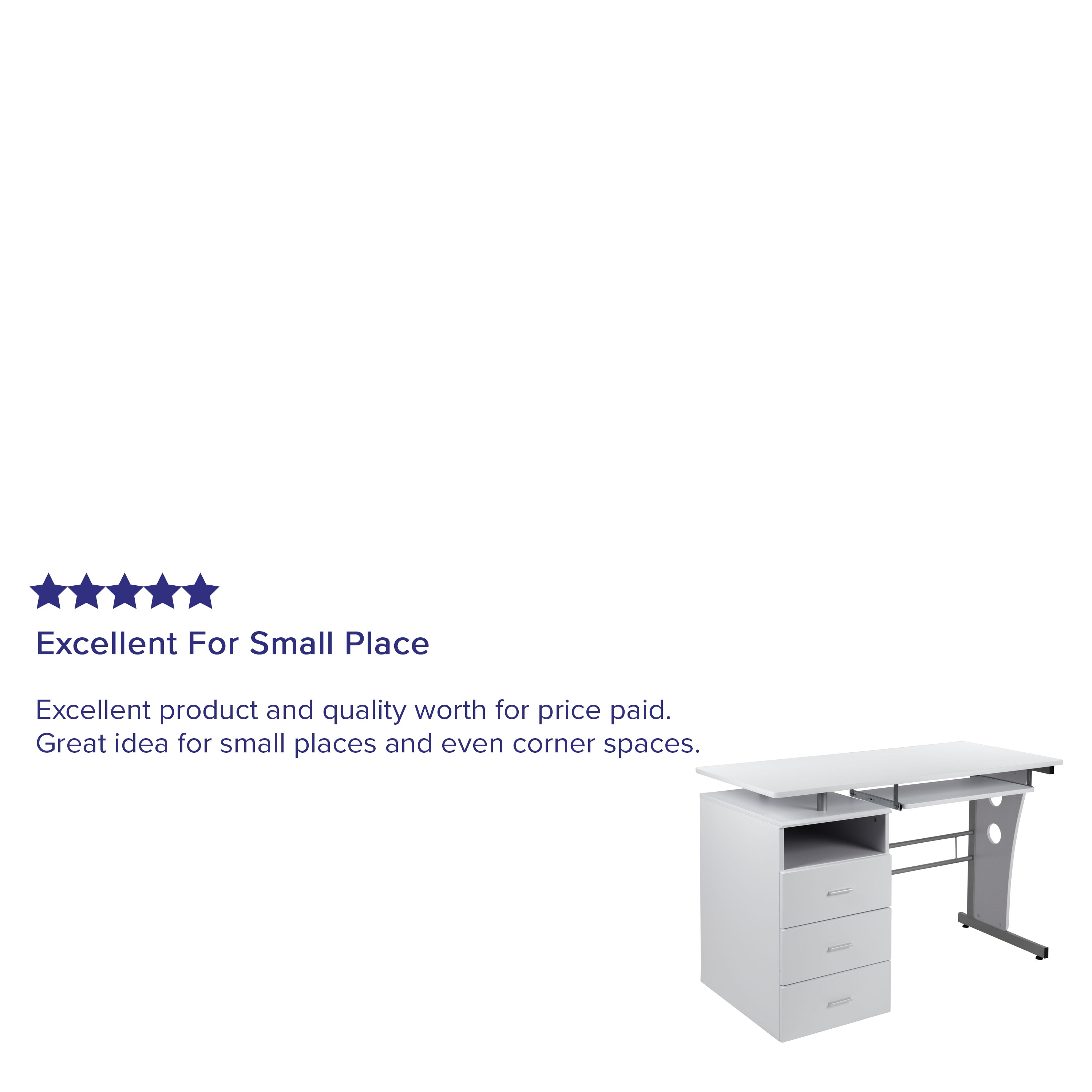 Joshua White Desk with Three Drawer Pedestal and Pull-Out Keyboard Tray