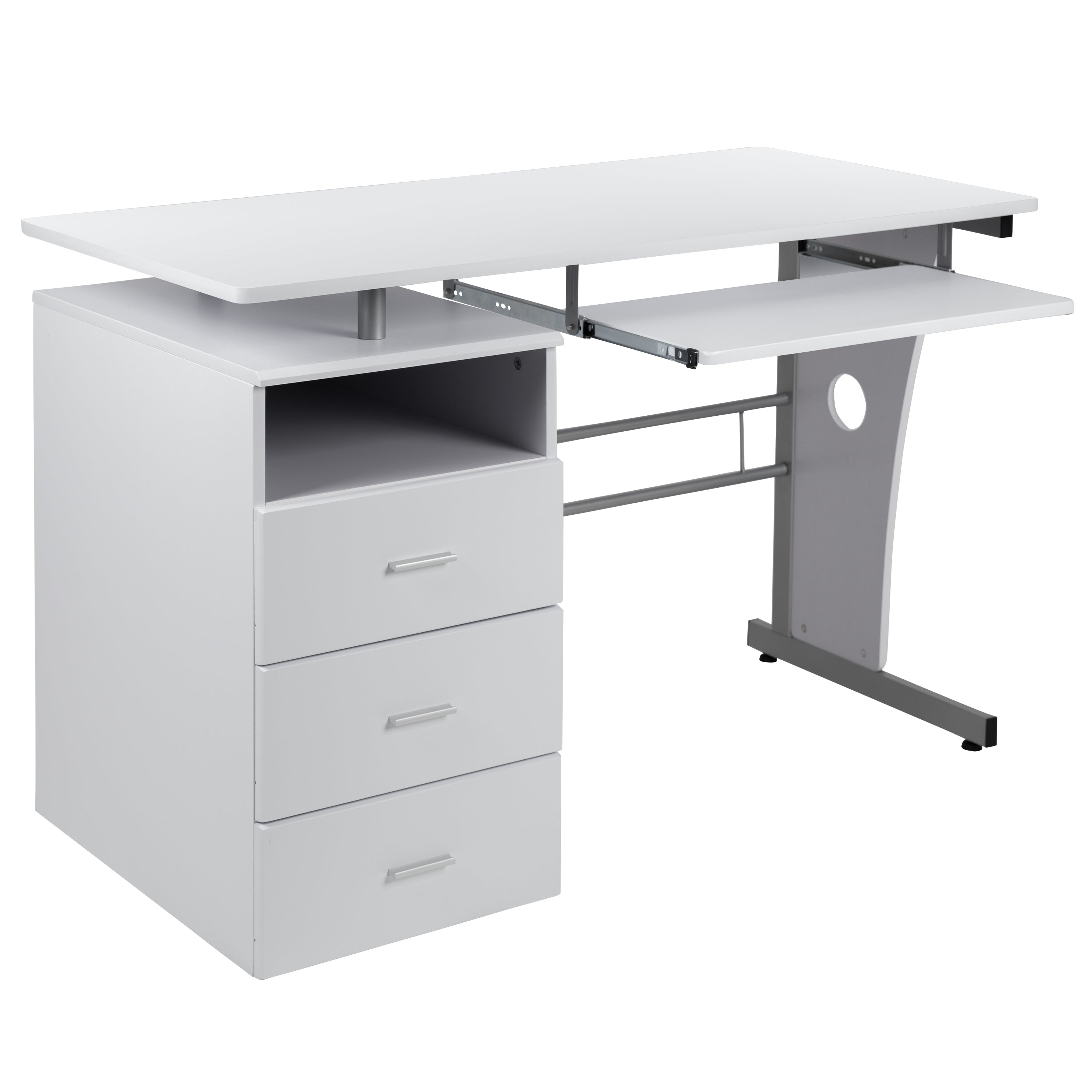 Joshua White Desk with Three Drawer Pedestal and Pull-Out Keyboard Tray