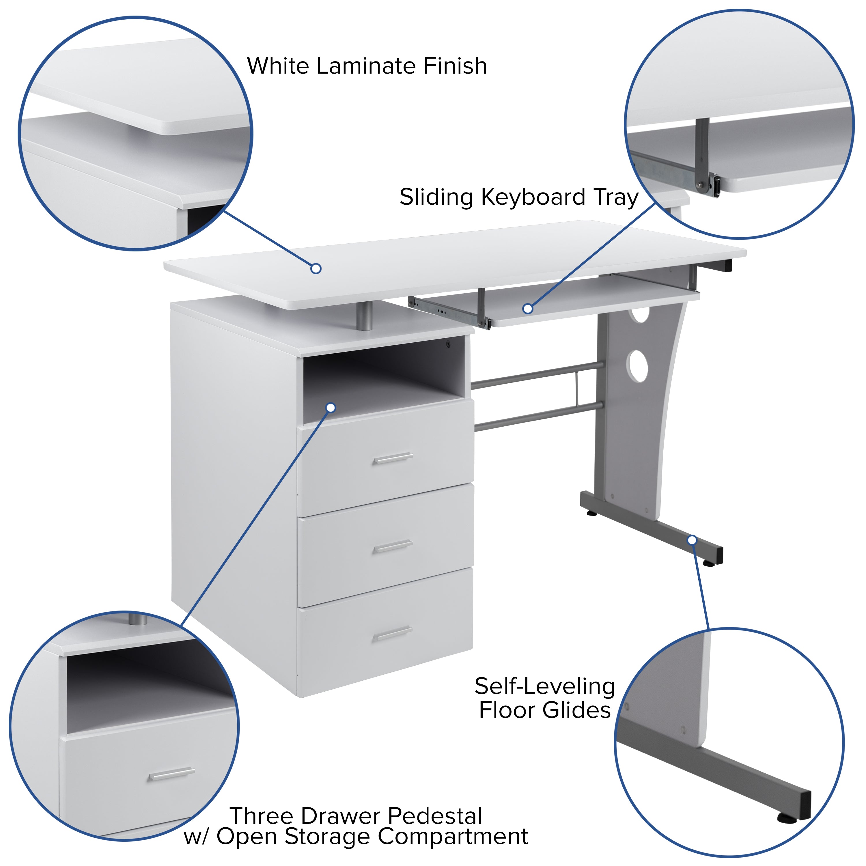 Joshua White Desk with Three Drawer Pedestal and Pull-Out Keyboard Tray
