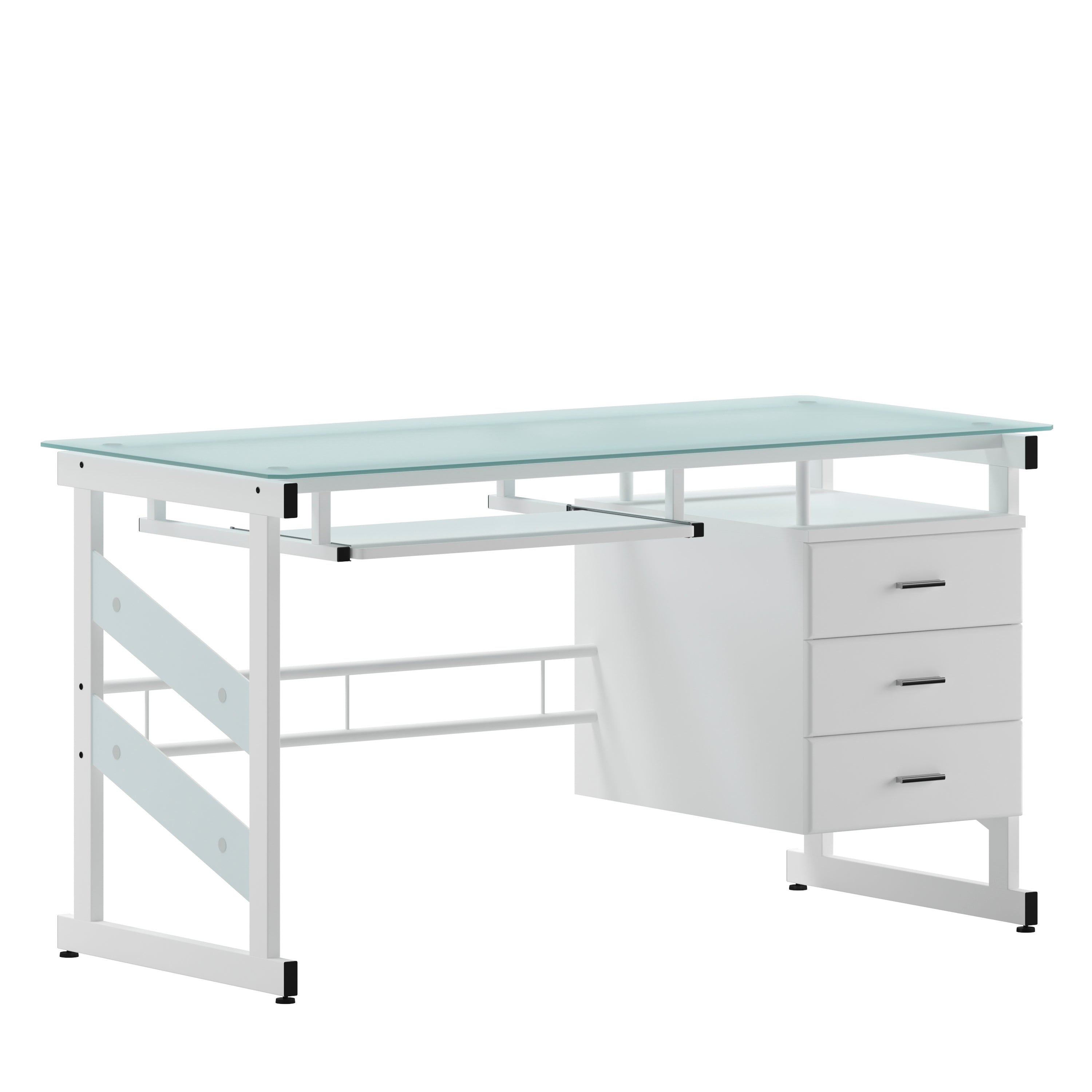 Singleton White Computer Desk with Frosted Glass Top and Three Drawer Pedestal