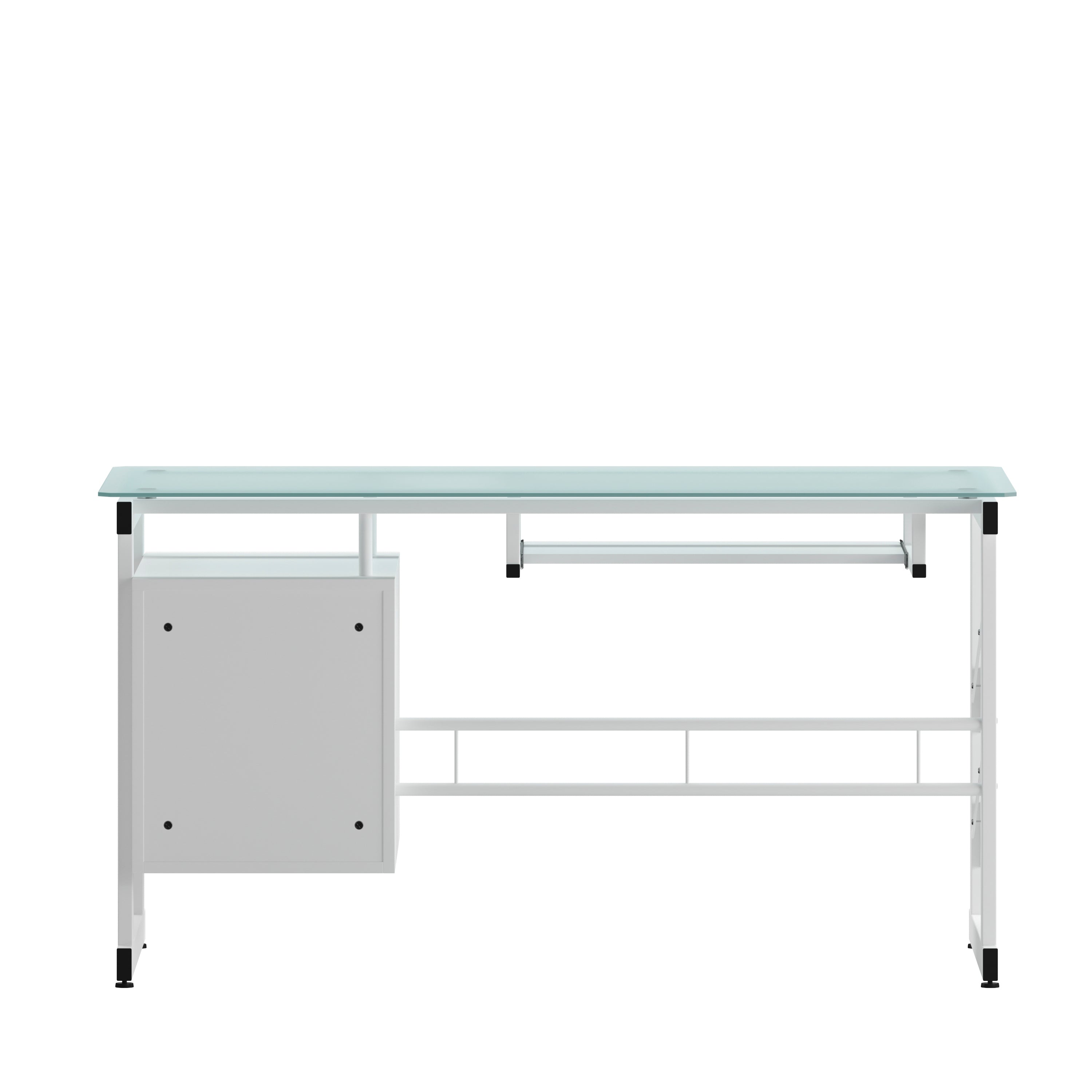 Singleton White Computer Desk with Frosted Glass Top and Three Drawer Pedestal