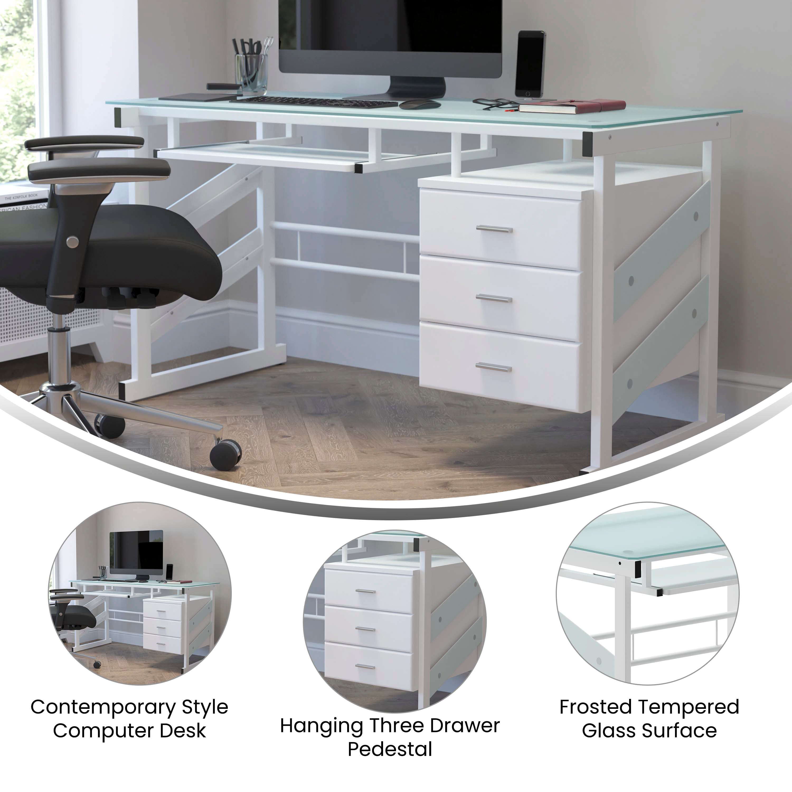 Singleton White Computer Desk with Frosted Glass Top and Three Drawer Pedestal