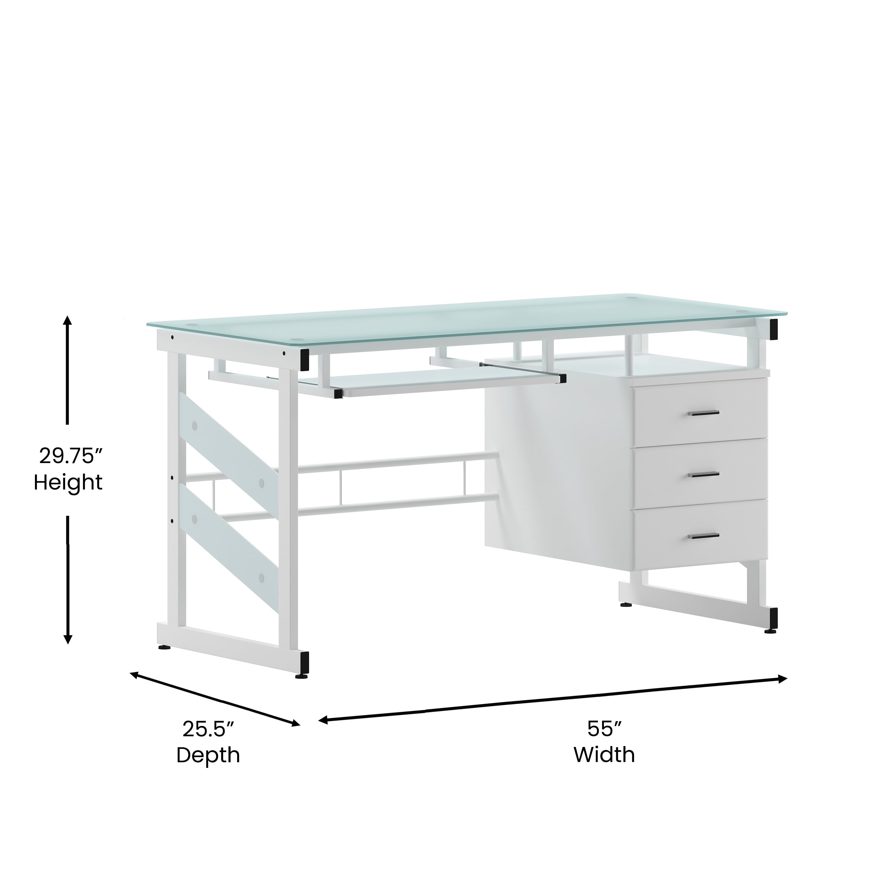 Singleton White Computer Desk with Frosted Glass Top and Three Drawer Pedestal