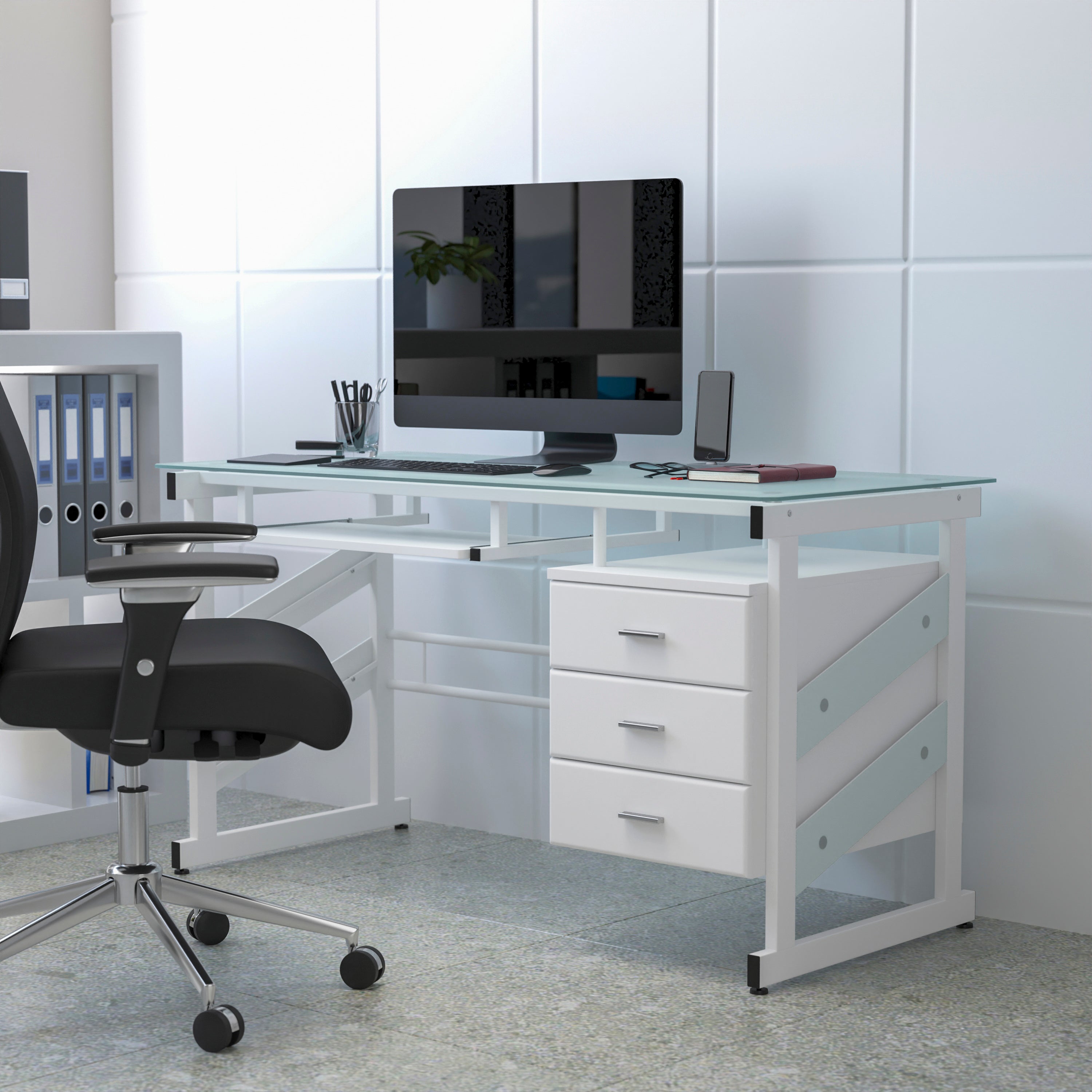 Singleton White Computer Desk with Frosted Glass Top and Three Drawer Pedestal