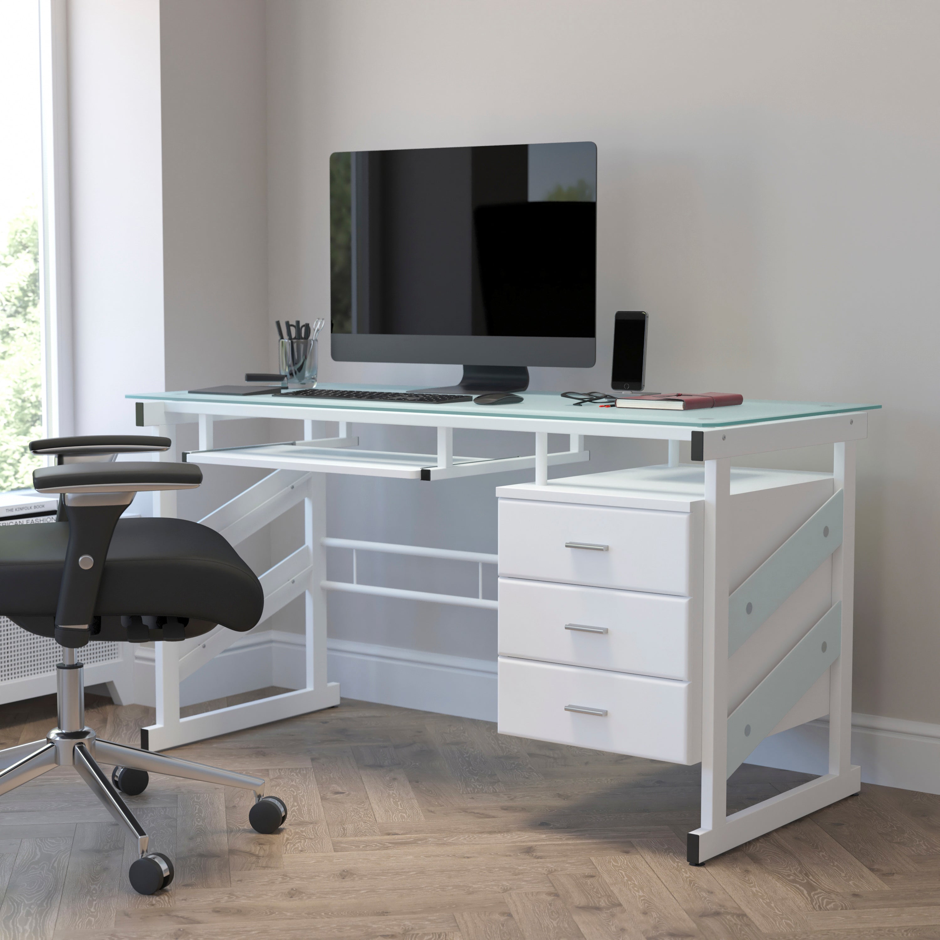 Singleton White Computer Desk with Frosted Glass Top and Three Drawer Pedestal