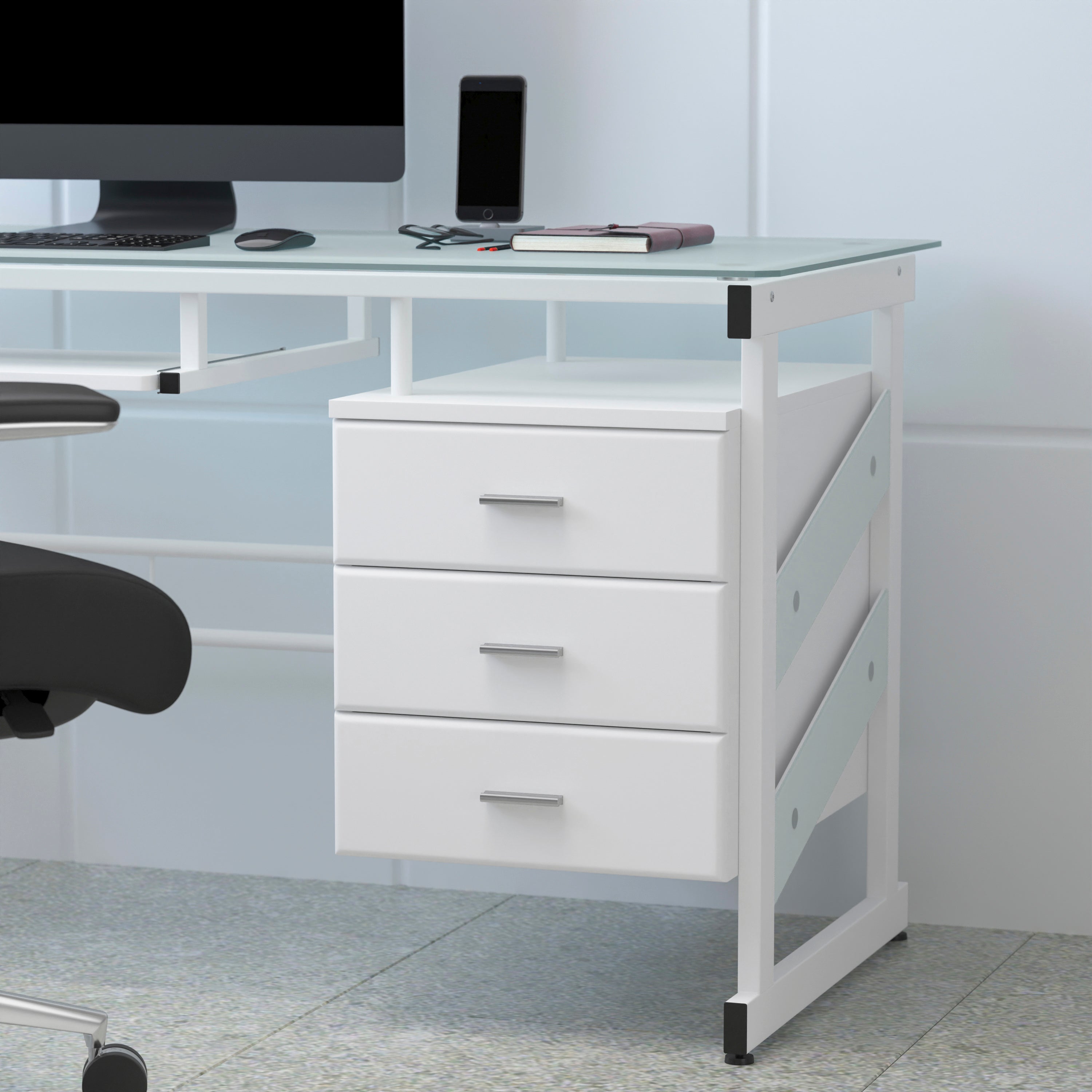 Singleton White Computer Desk with Frosted Glass Top and Three Drawer Pedestal