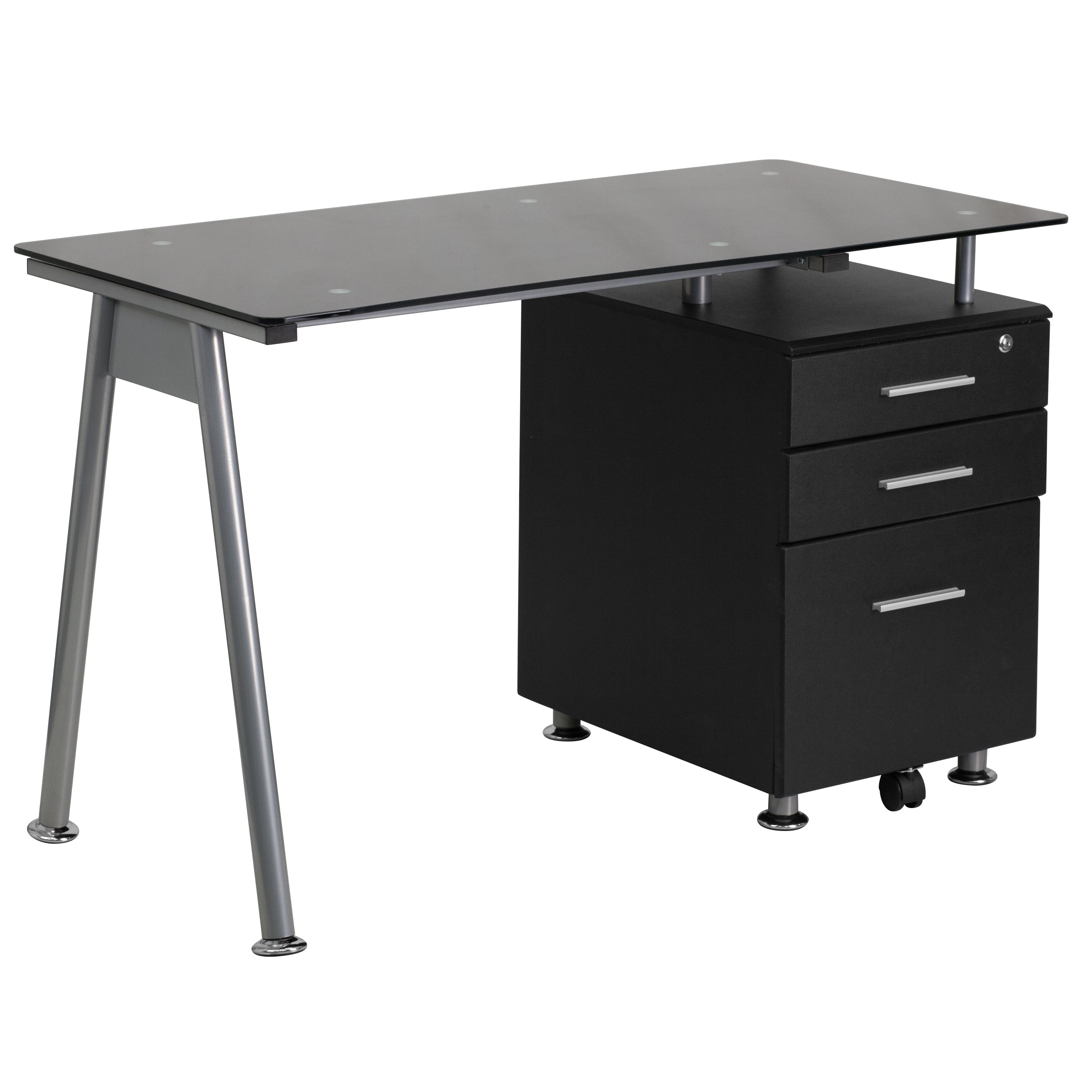 Singleton Black Glass Computer Desk with Three Drawer Pedestal