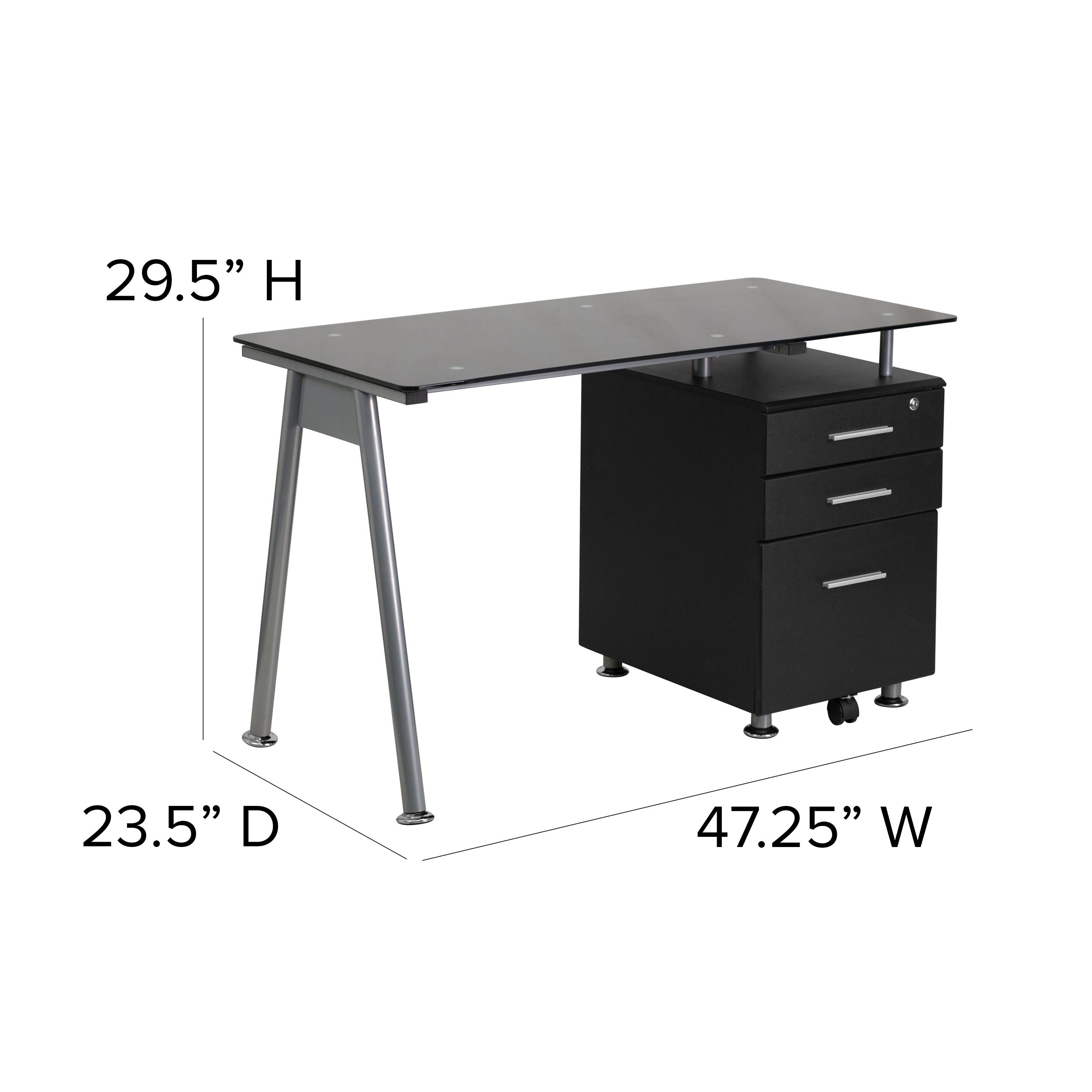 Singleton Black Glass Computer Desk with Three Drawer Pedestal