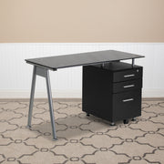 Singleton Black Glass Computer Desk with Three Drawer Pedestal